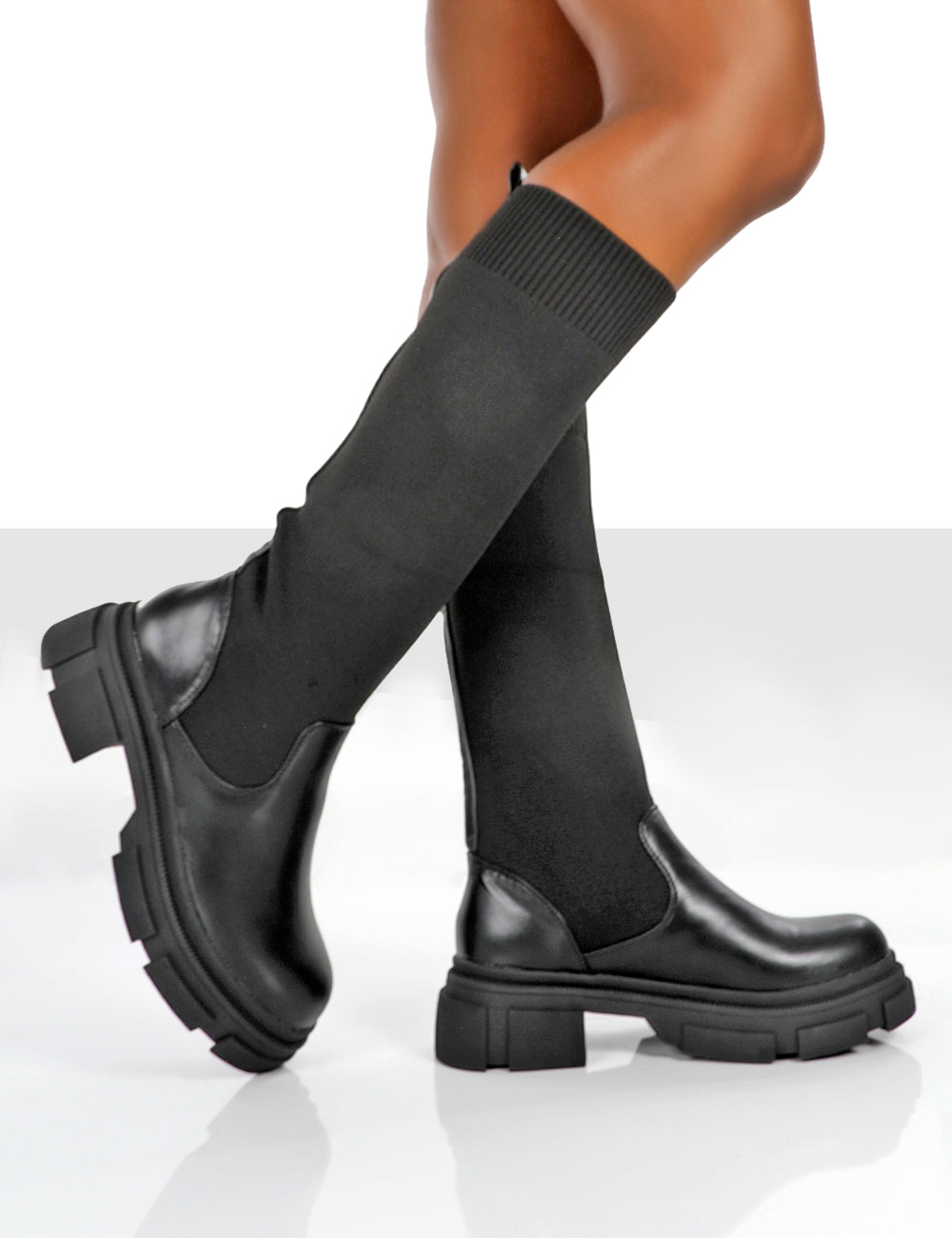 Carm Black Knit Knee High Chunky Sole Boots