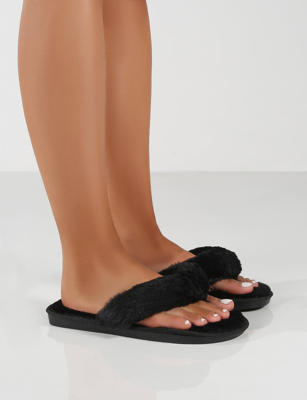 Cuddle Black Thong Strap Faux Fur Slippers