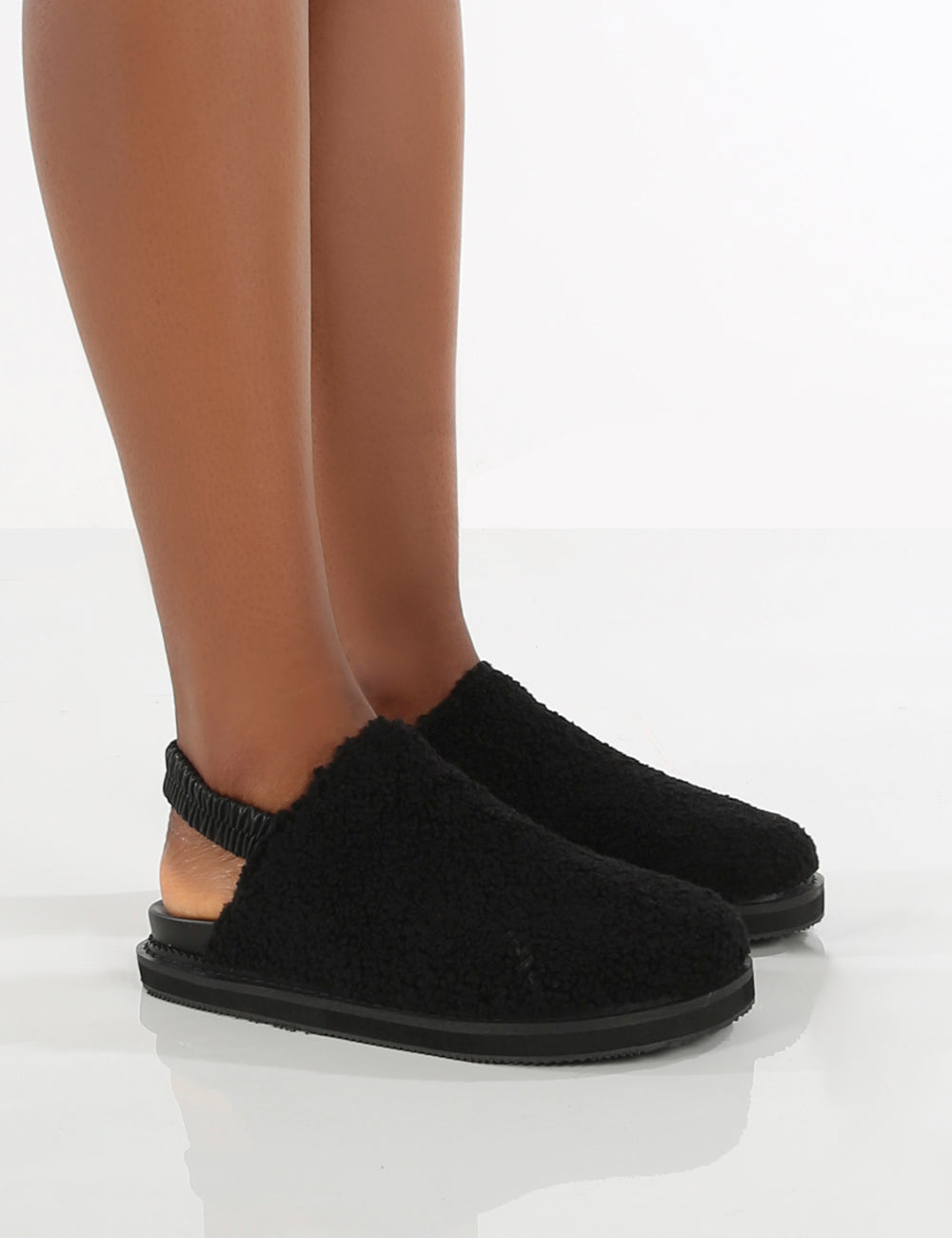 Fortune Black Fluffy Faux Fur Sling Back Slippers