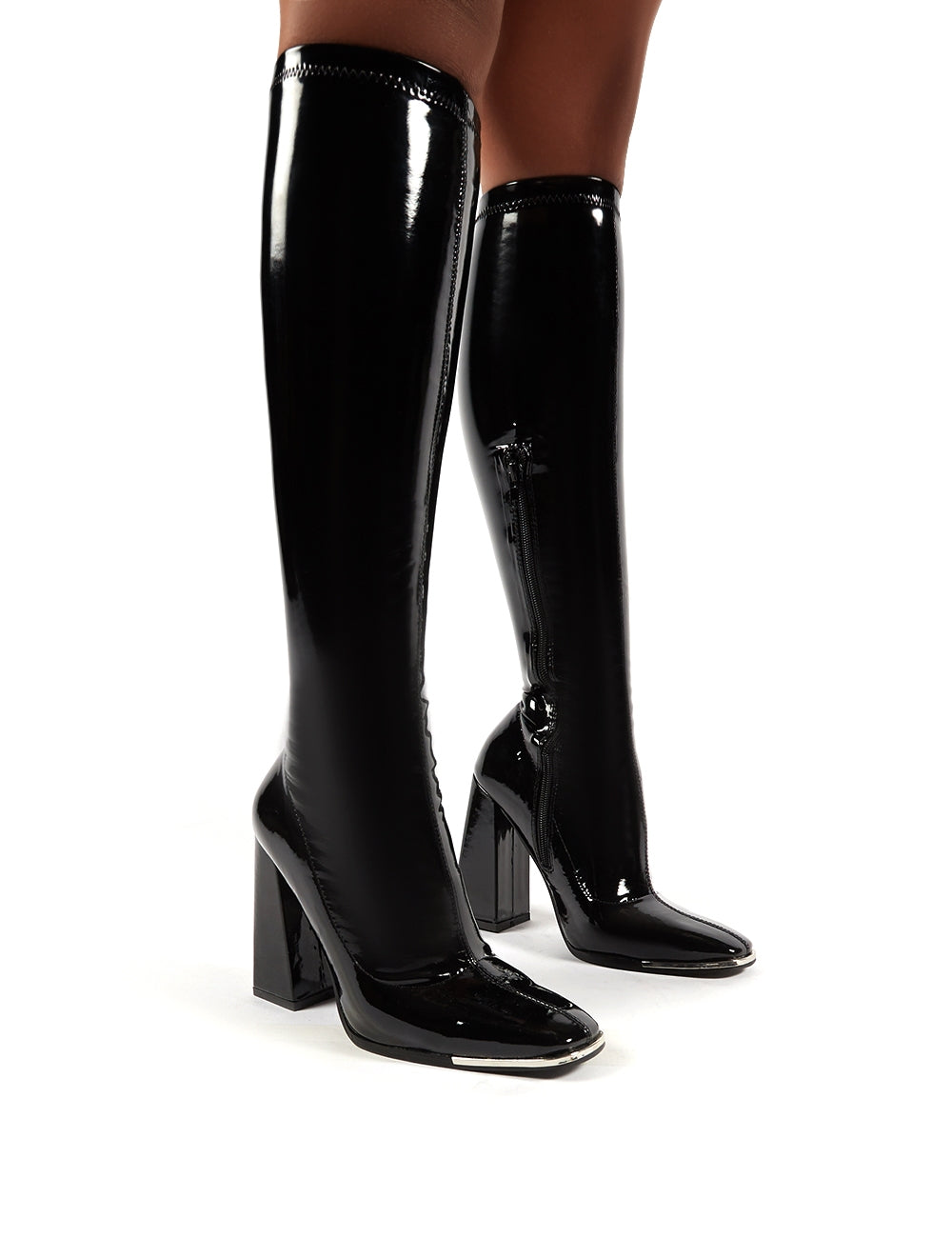 Caryn Black Vinyl Block Heeled Knee High Boots