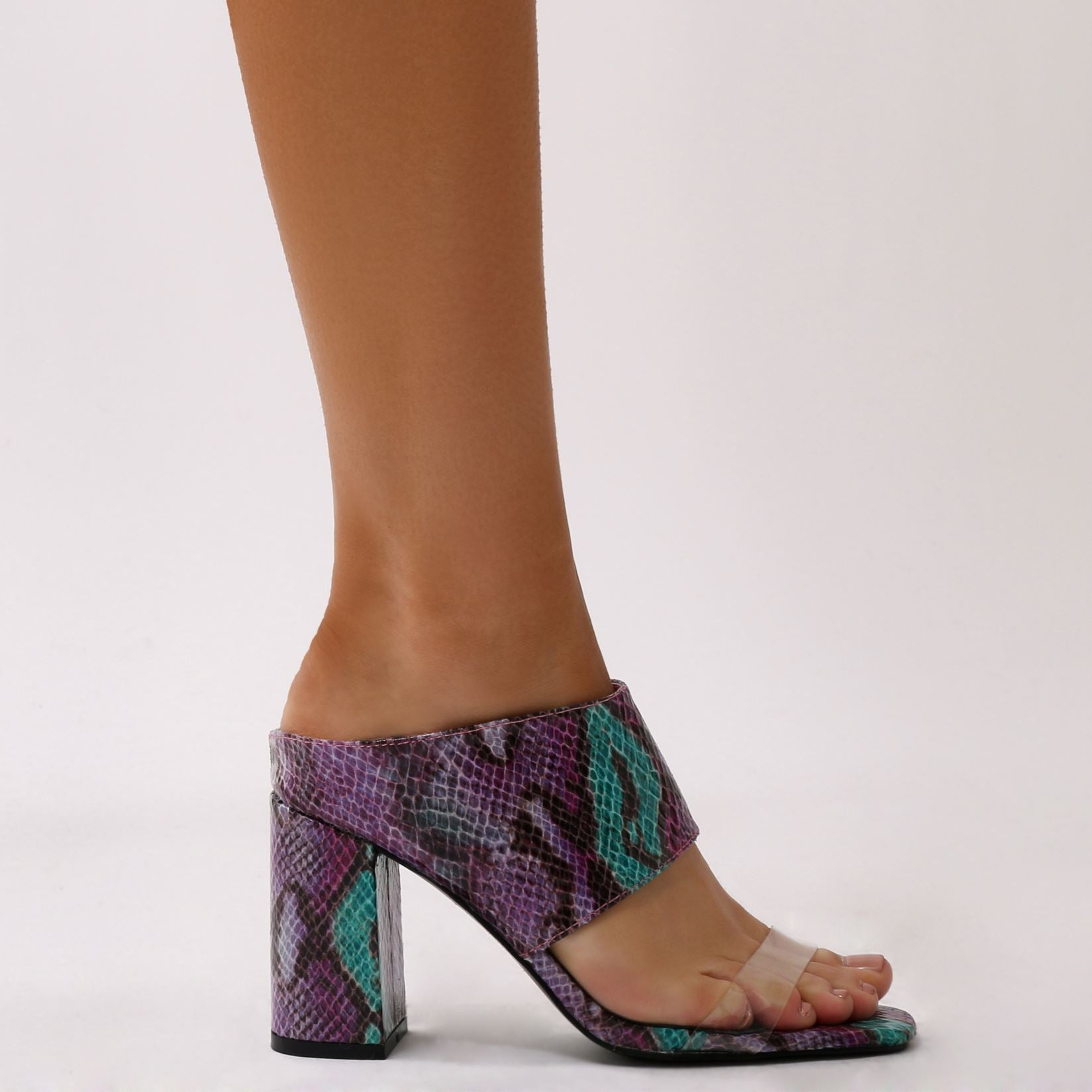 Aubree Block Heel Mules in Purple Faux Snake