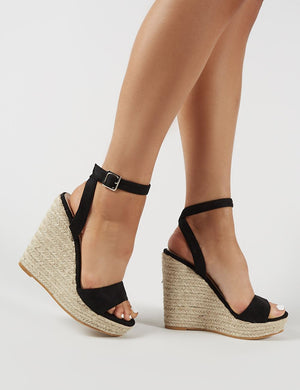 Sydney Espadrille Wedges in Black Faux 