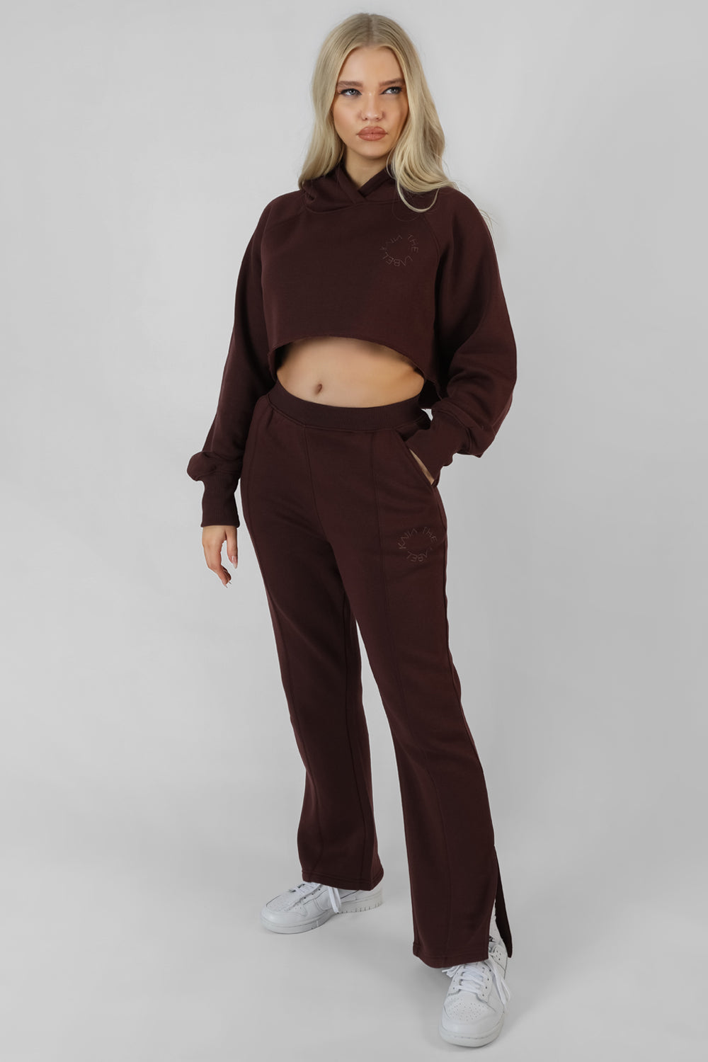 Embroidered Cropped Hoodie Dark Brown