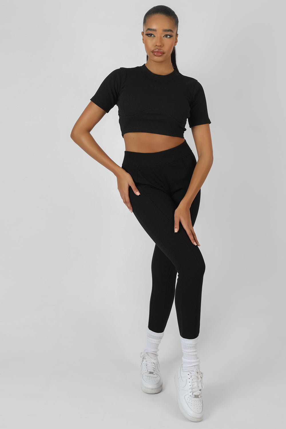 Athleisure Underbust Ribbed Fitted Cropped T-Shirt Black