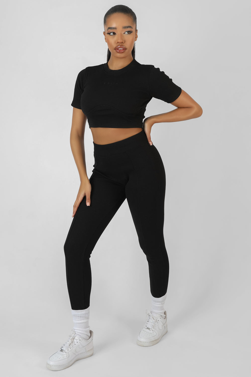 Athleisure Seam Front Ribbed Leggings Black