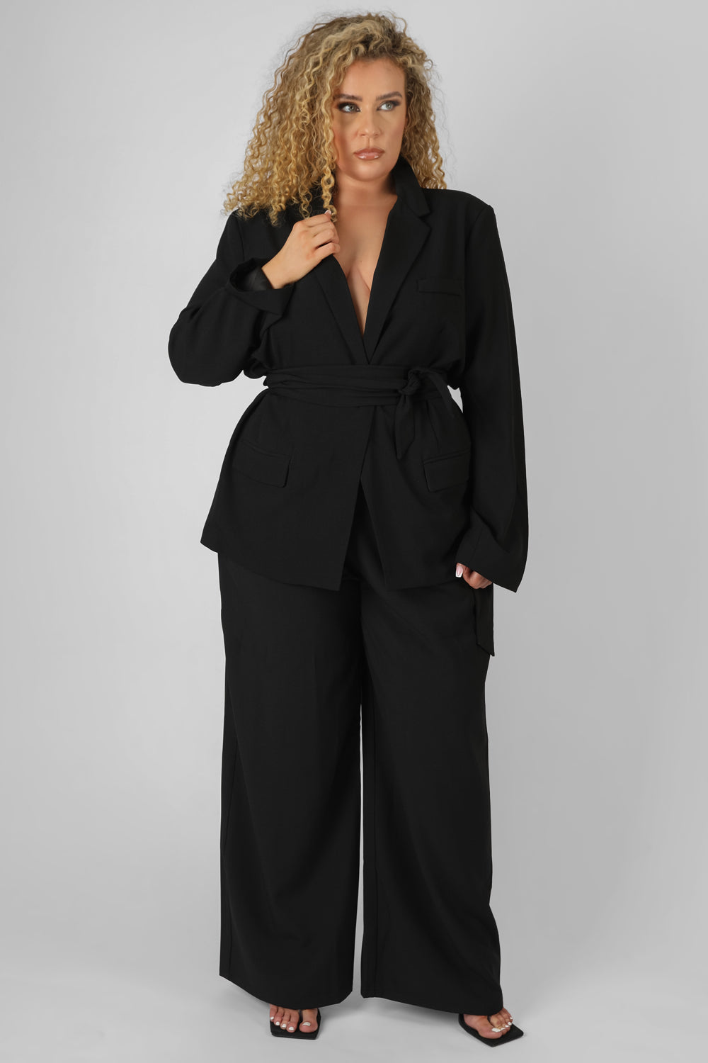 Curve Premium Tie Waist Wide Leg Trousers Black