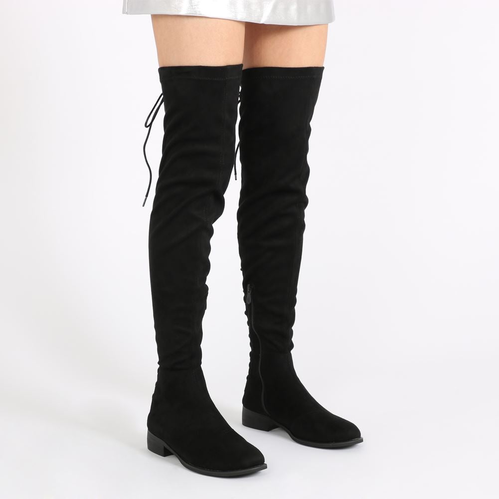 Arya Lace Up Back Flat Long Boots in Black Faux Suede