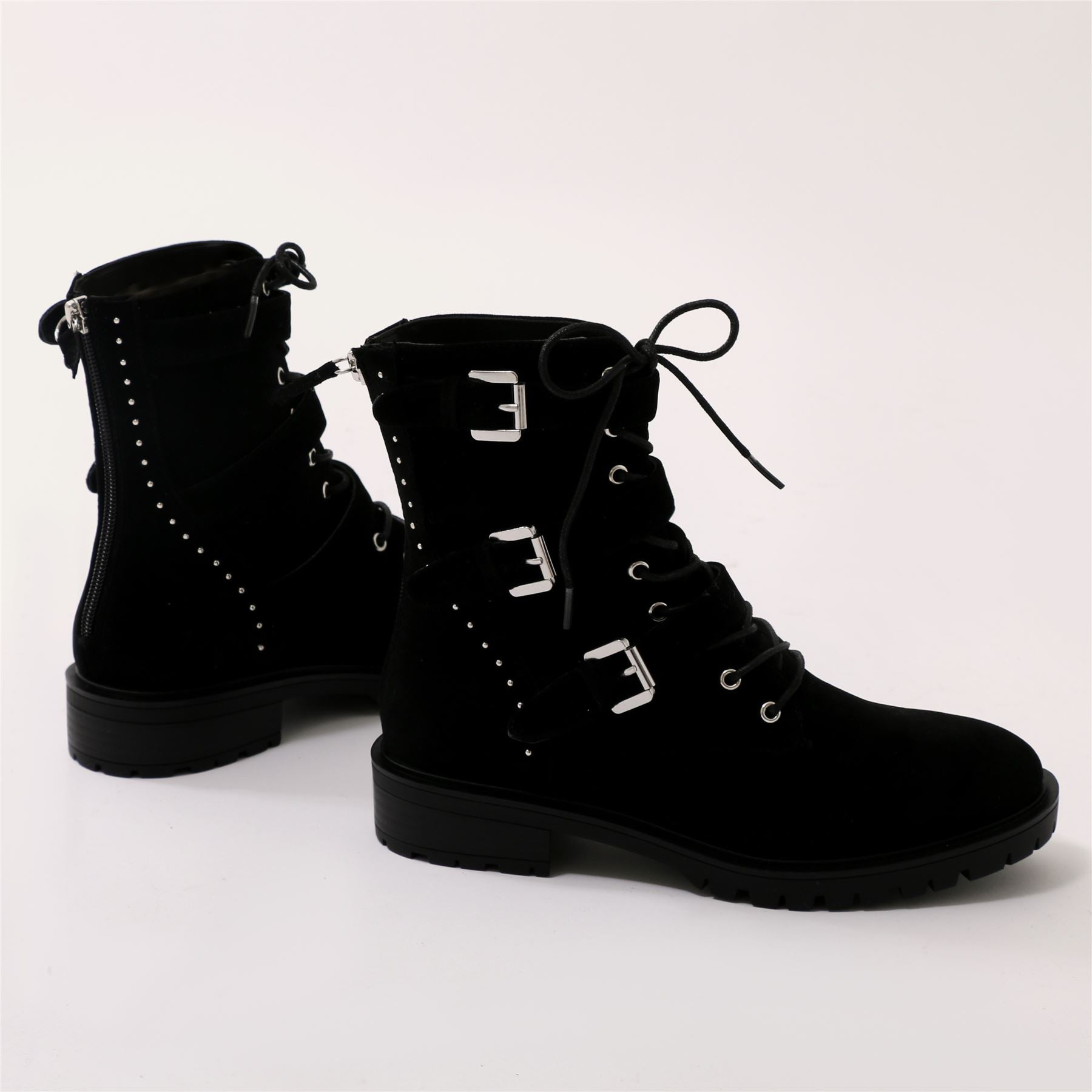 Bramble Buckled Biker Boots in Black Faux Suede