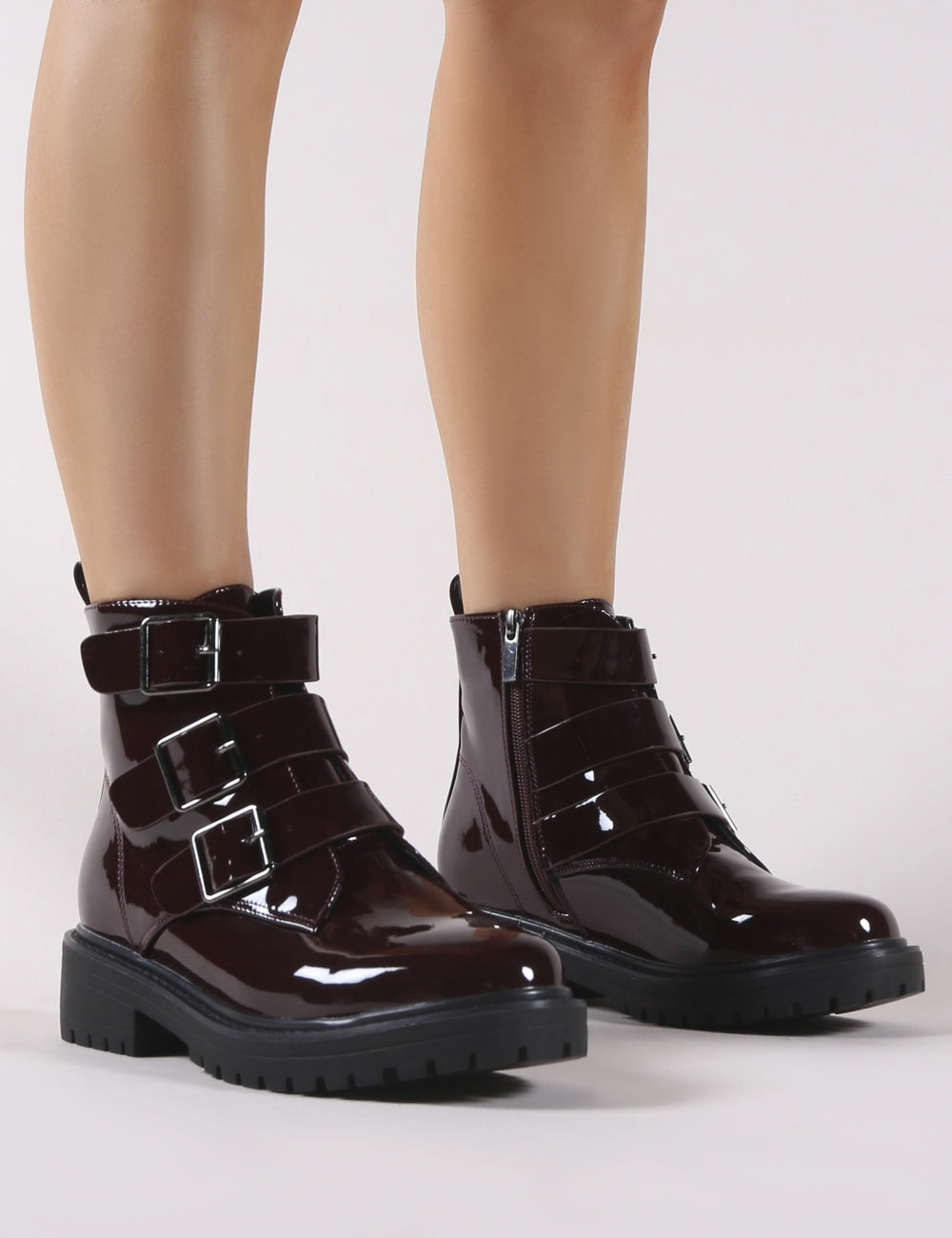 Brag Chunky Ankle Boots in Burgundy Patent