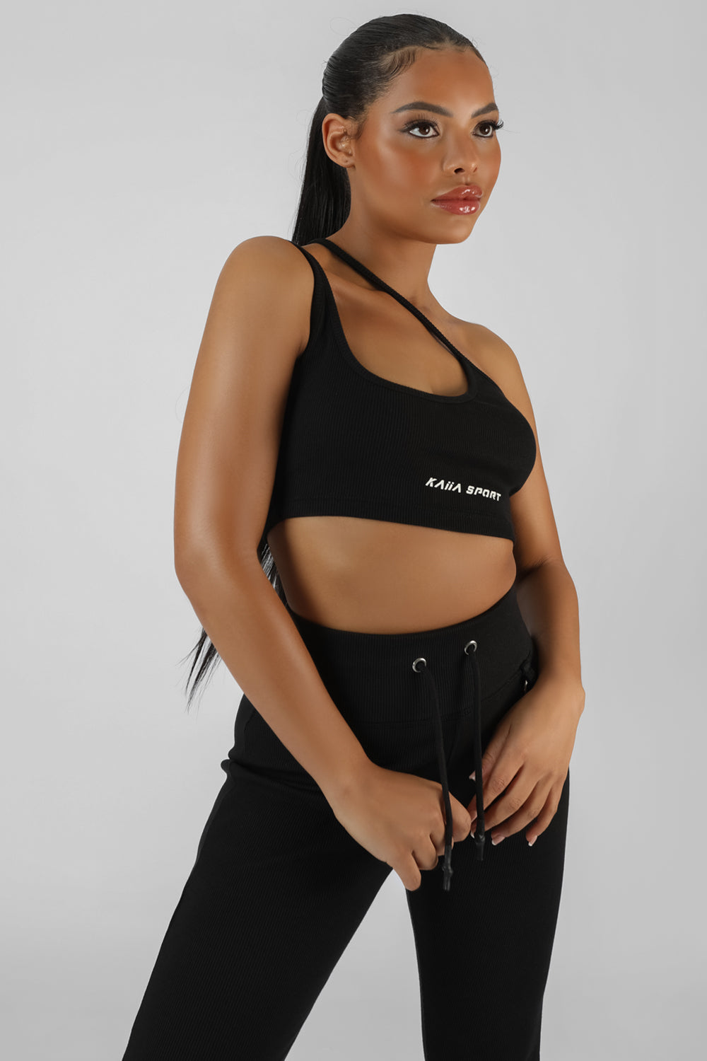 Asymmetric Strappy Kaiia Sport Crop Top Black