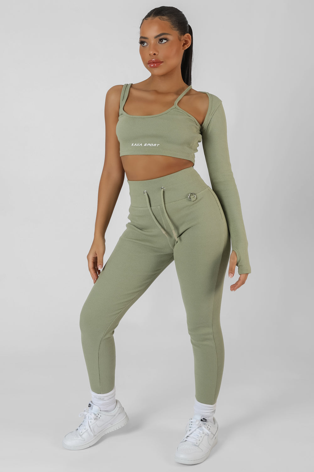 Drawstring Waist Kaiia Sport Leggings Khaki