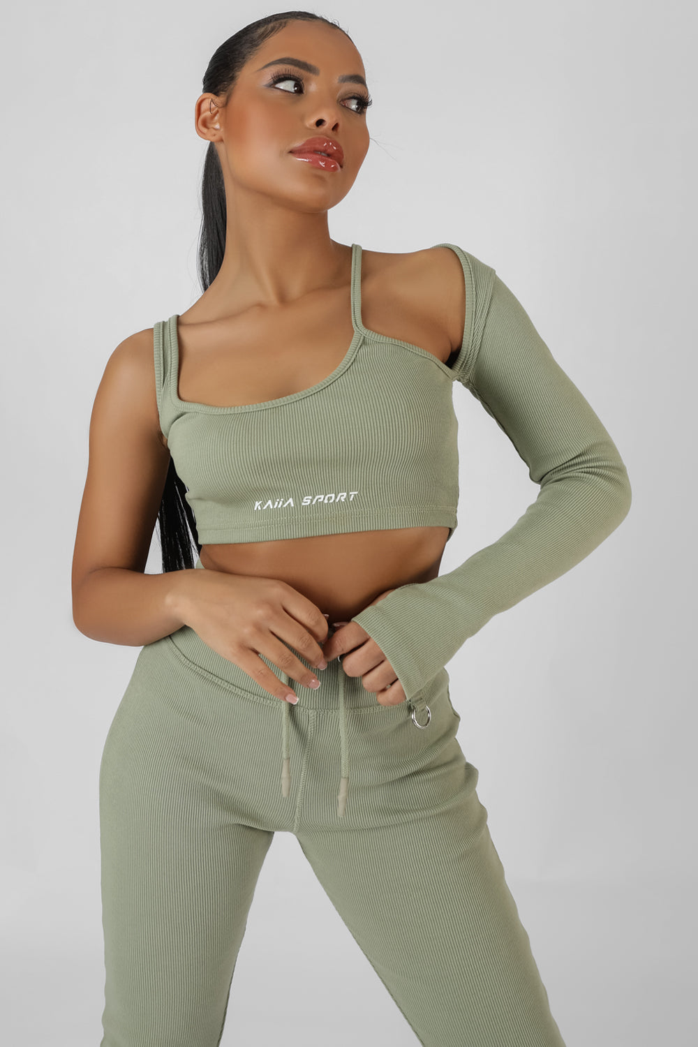 Asymmetric One Sleeve Kaiia Sport Crop Top Khaki