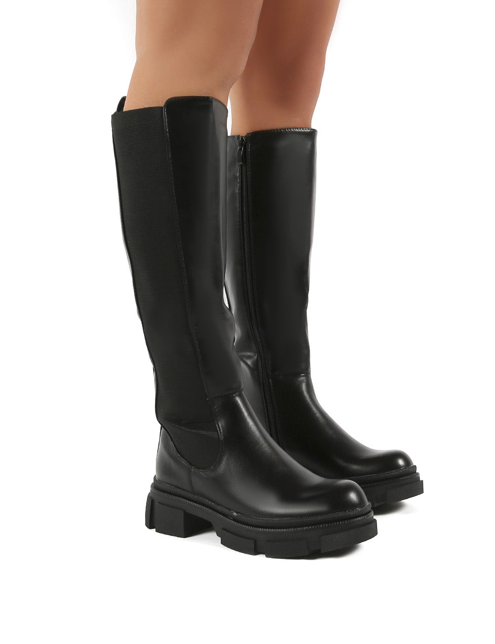 Action Black PU Knee High Chunky Sole Boots