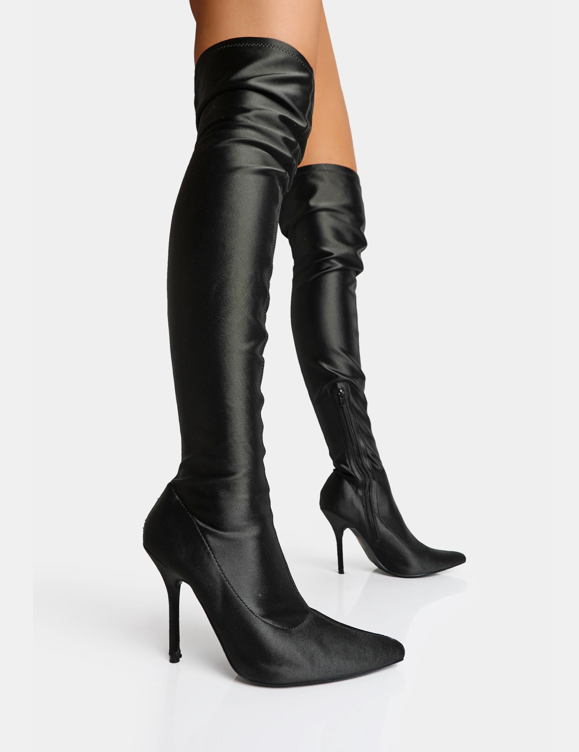 Instinct Black Lycra Pointed Toe Stiletto Thigh High Boots