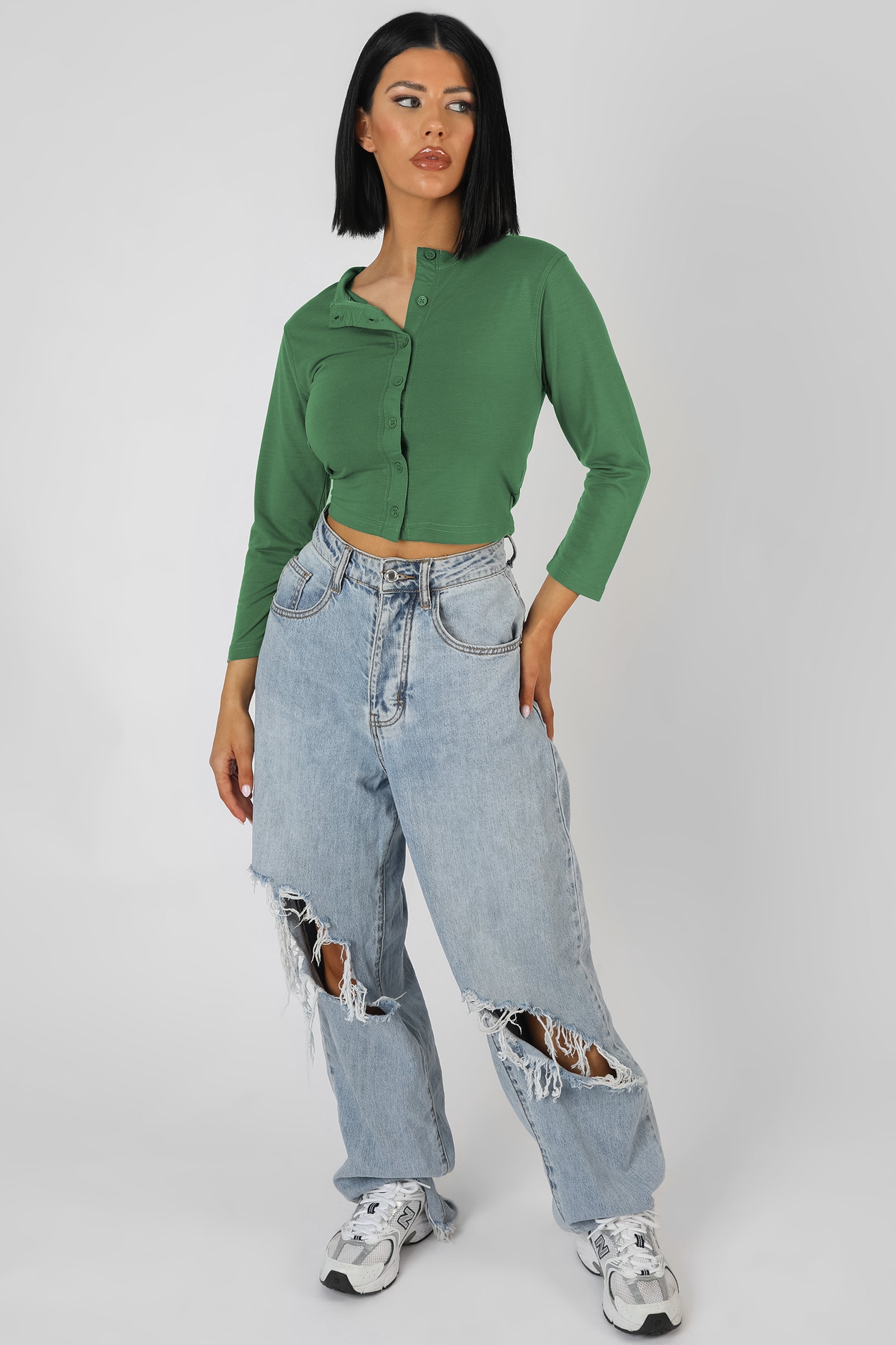 Button Front Long Sleeve Crop Top Khaki