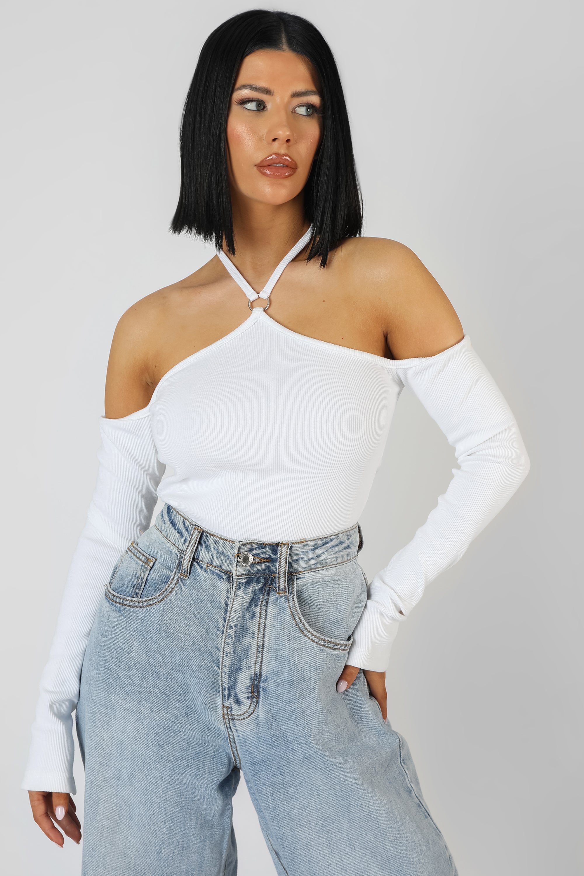 Halterneck Ring Detail Bodysuit Ecru