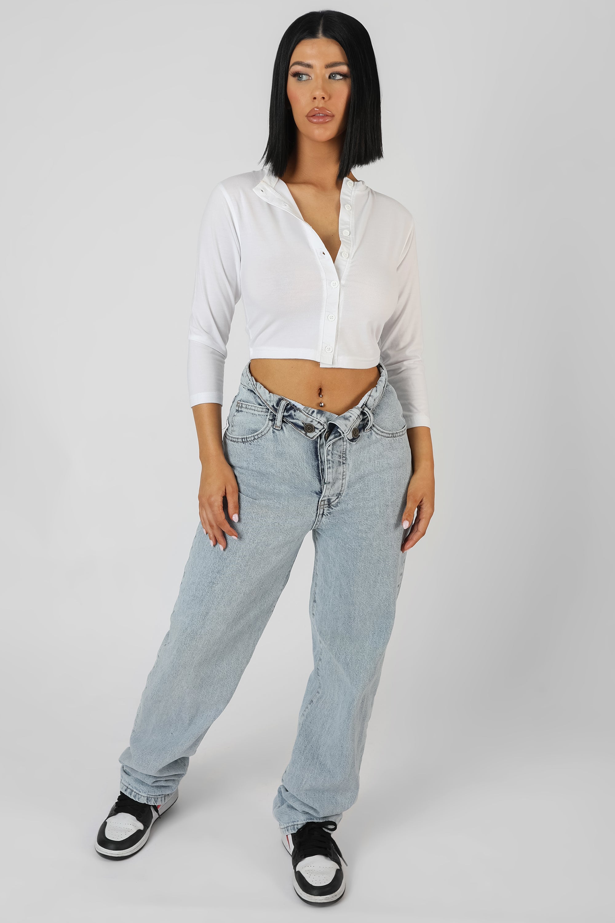 Button Front Long Sleeve Crop Top White