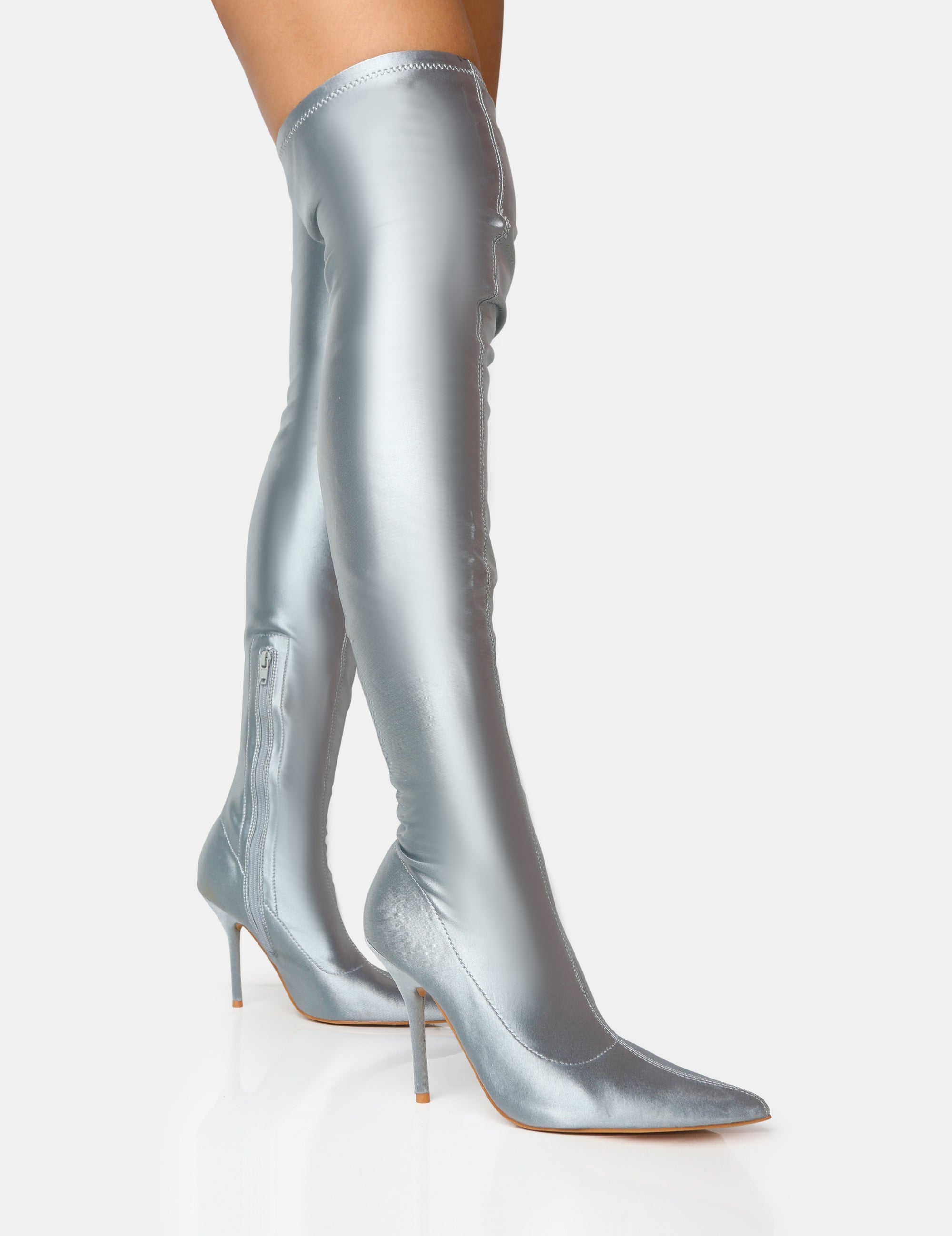 Instinct Silver Lycra Pointed Toe Stiletto Thigh High Boots