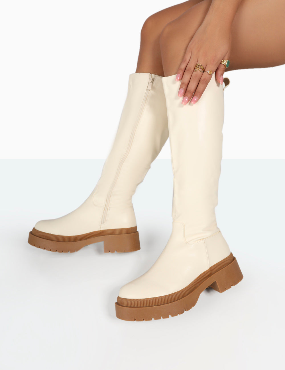 Jersey Ecru Pu Contrasting Chunky Sole Knee High Boots