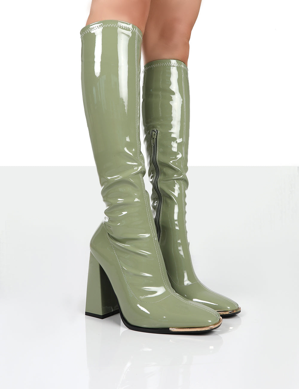 Caryn Green Patent Knee High Heeled Boots