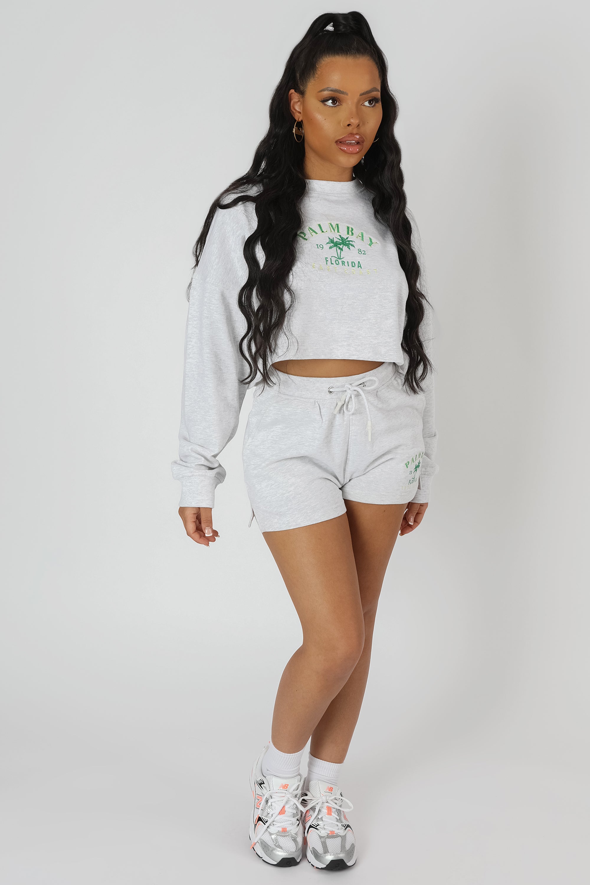 High Waisted Slogan Drawstring Mini Shorts Oatmeal Marl