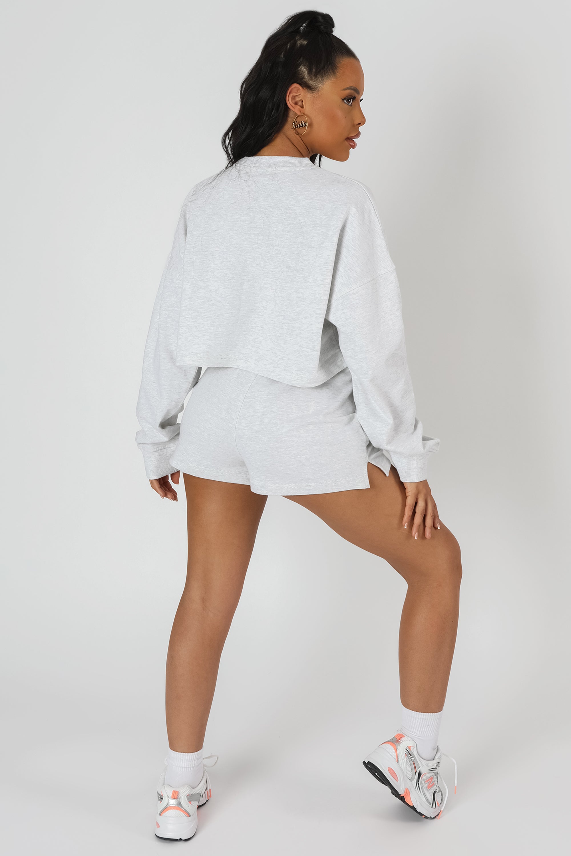 High Waisted Slogan Drawstring Mini Shorts Oatmeal Marl