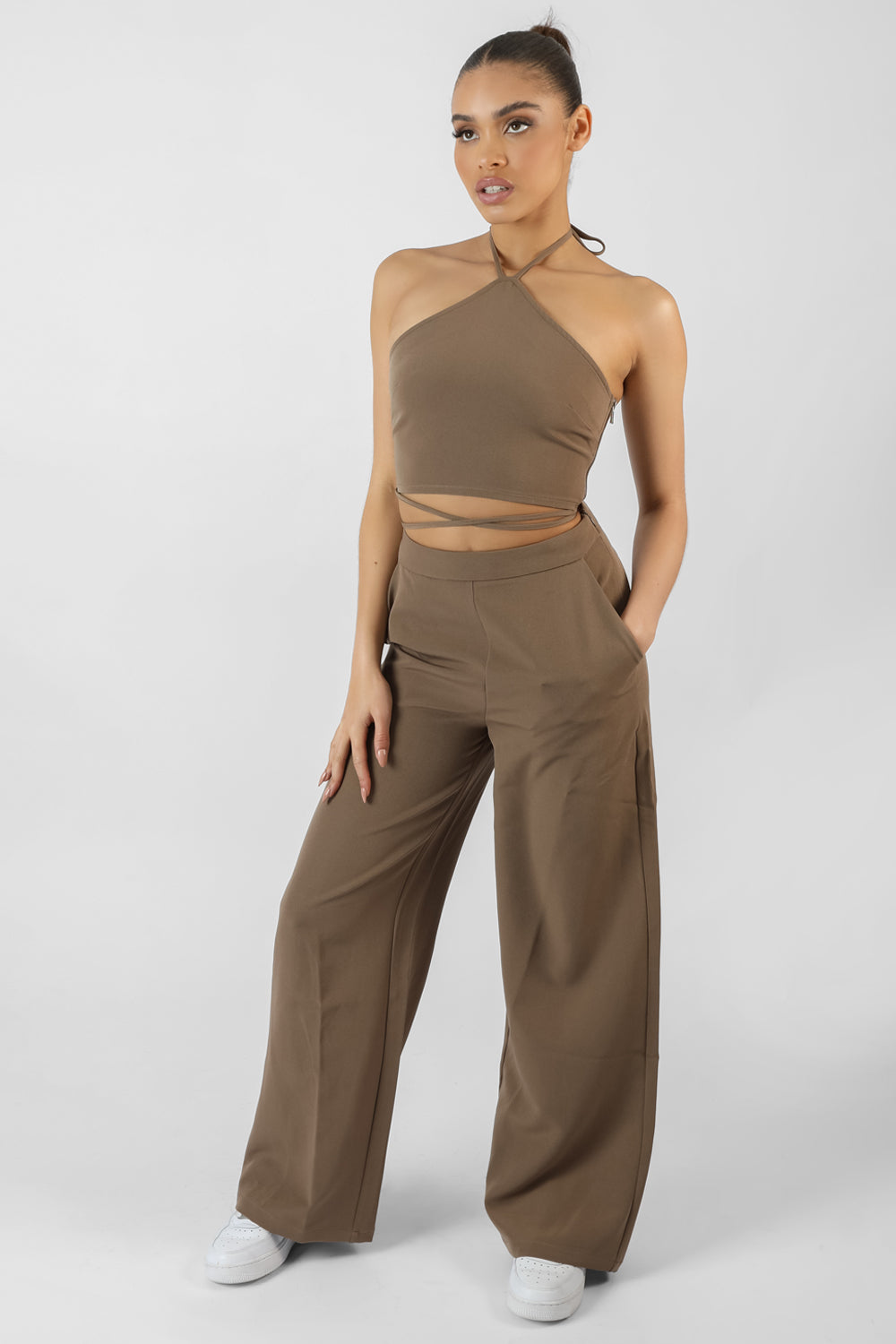 Halterneck Waist Strapping Crop Top Taupe