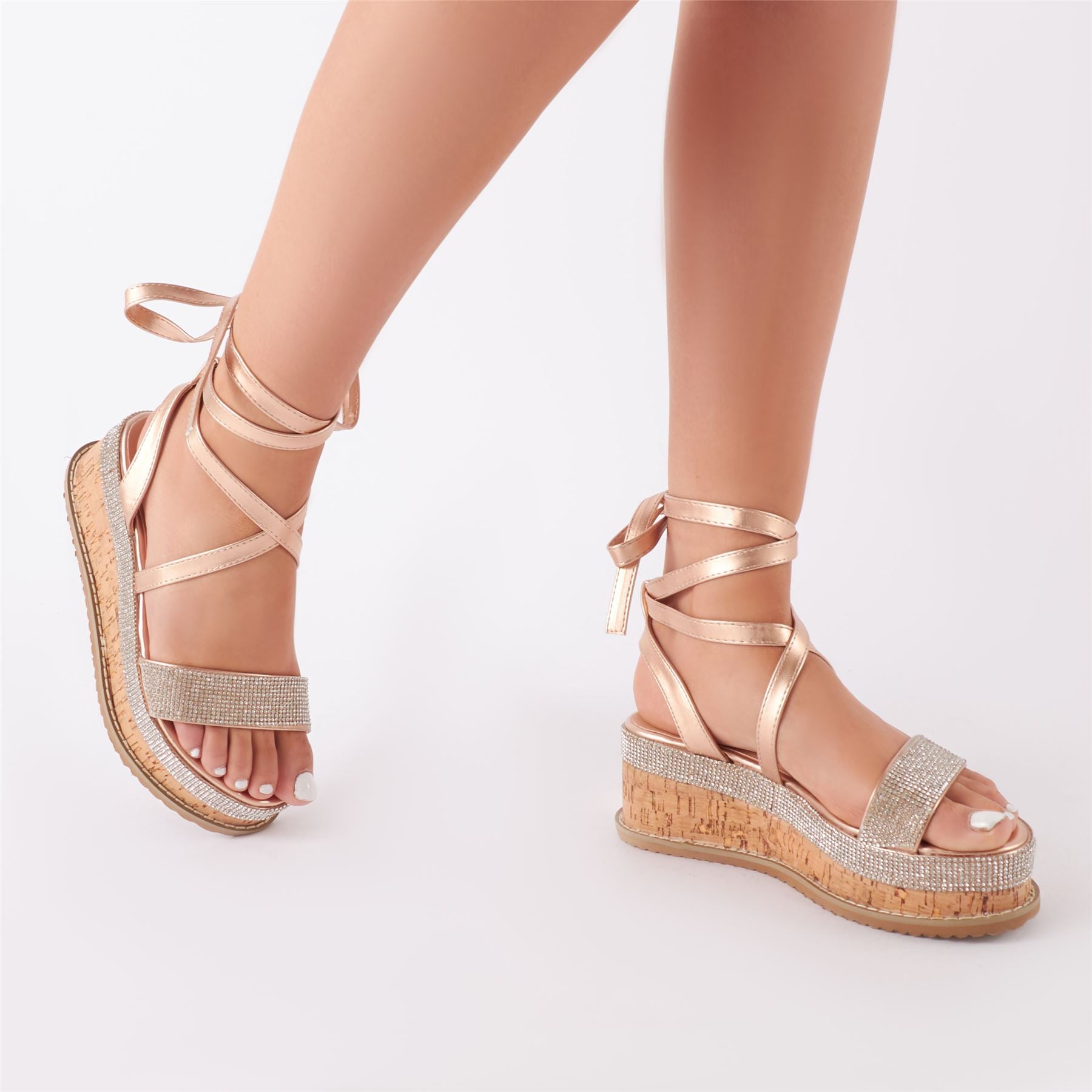 Bora Bora Diamante Lace Up Flatform Sandal in Rose Gold