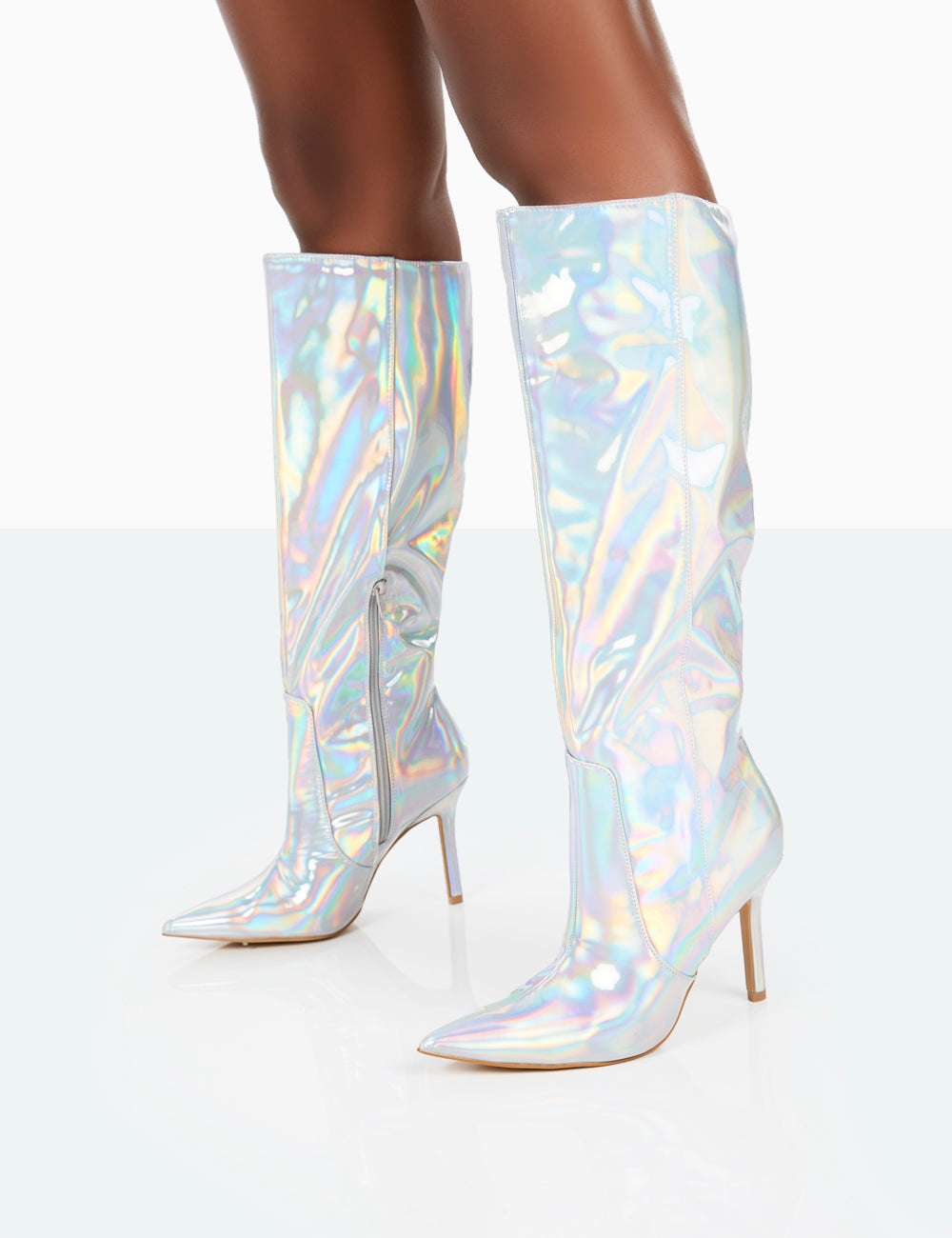 Best Believe Holographic PU Pointed Toe Stiletto Heeled Knee High Boots