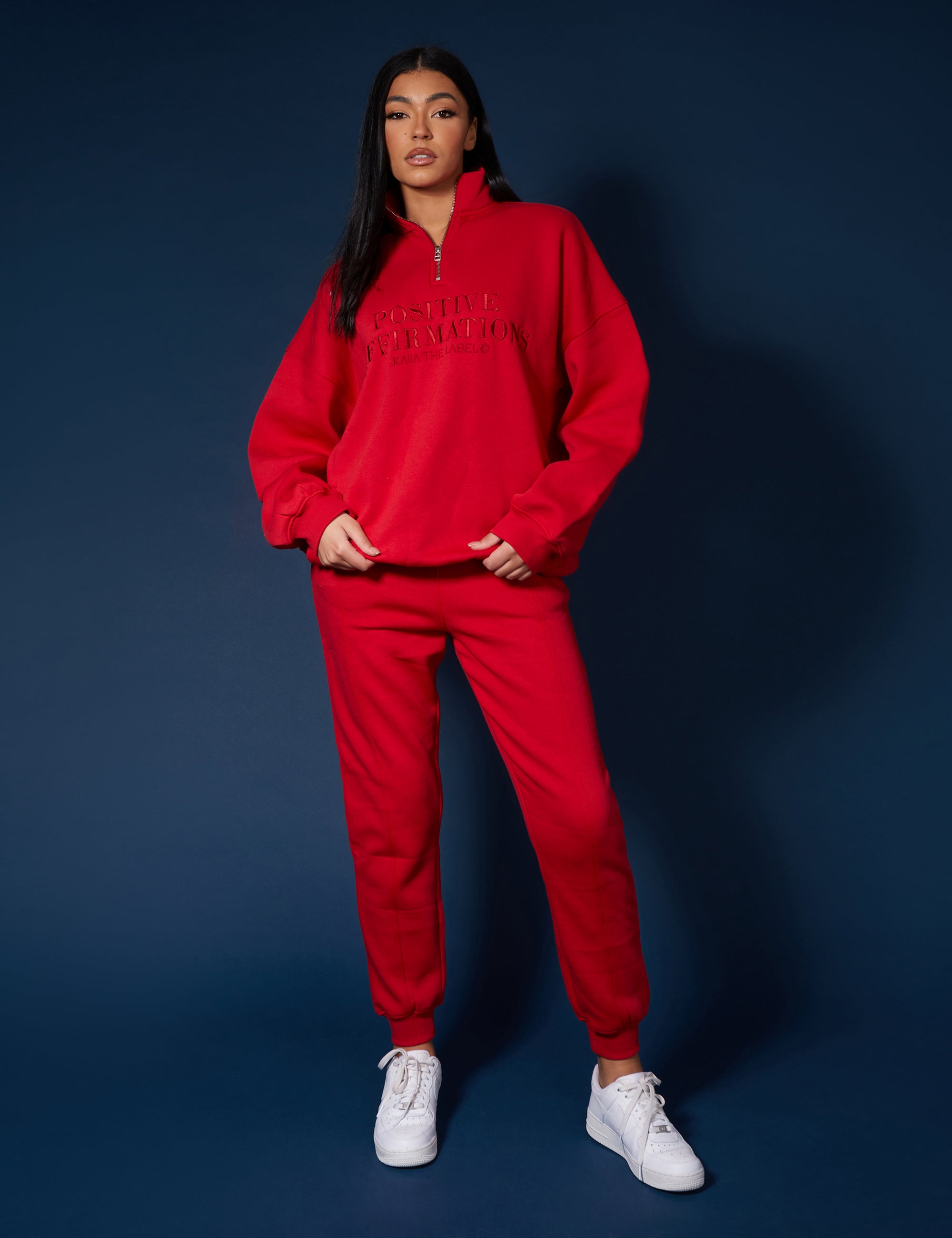 Half Zip Tonal Embroidered Sweatshirt Red