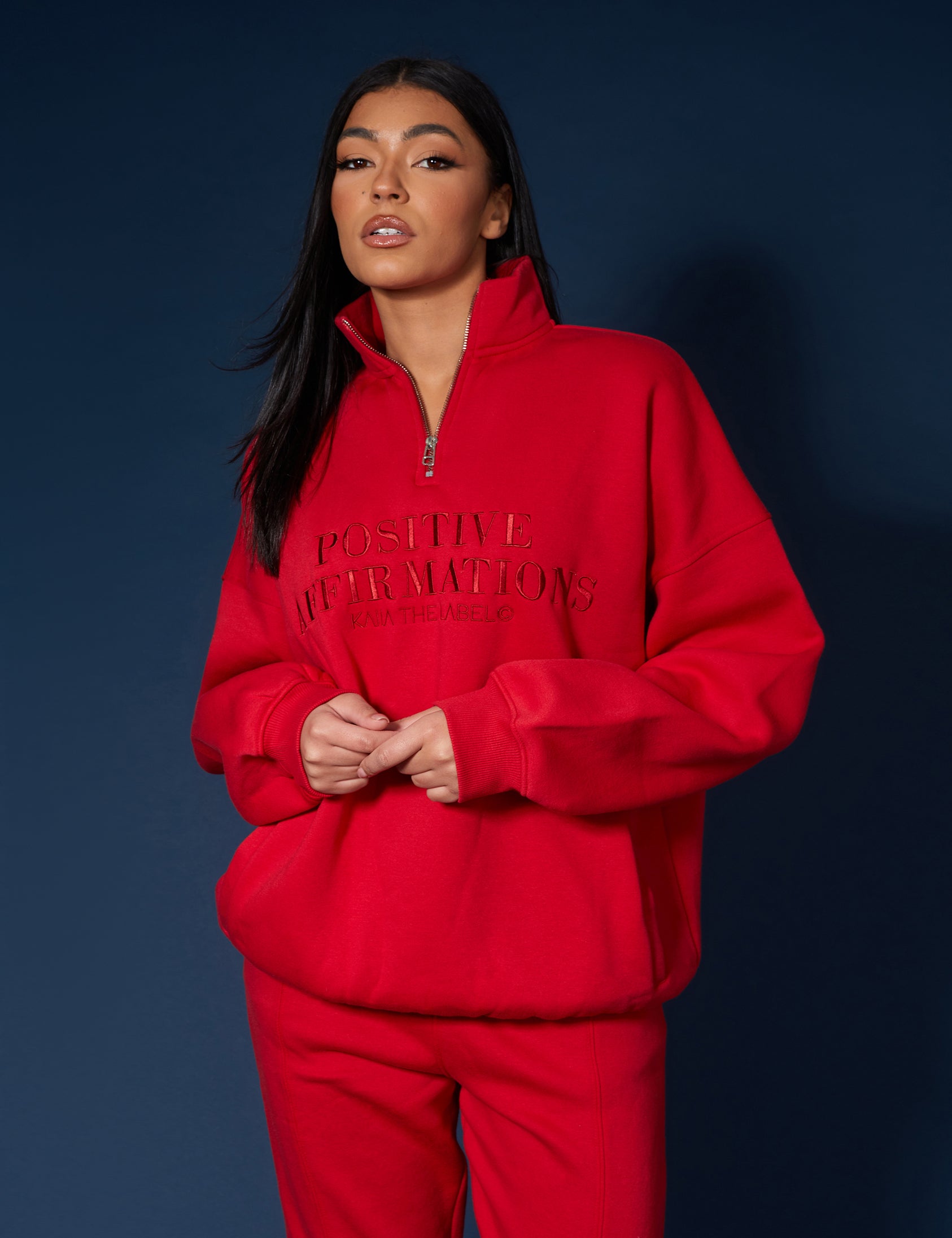 Half Zip Tonal Embroidered Sweatshirt Red