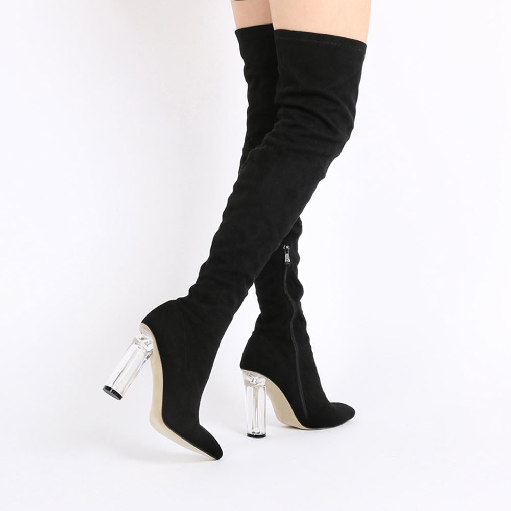 Dominique Long Boots in Black Faux Suede With Clear Perspex Heel