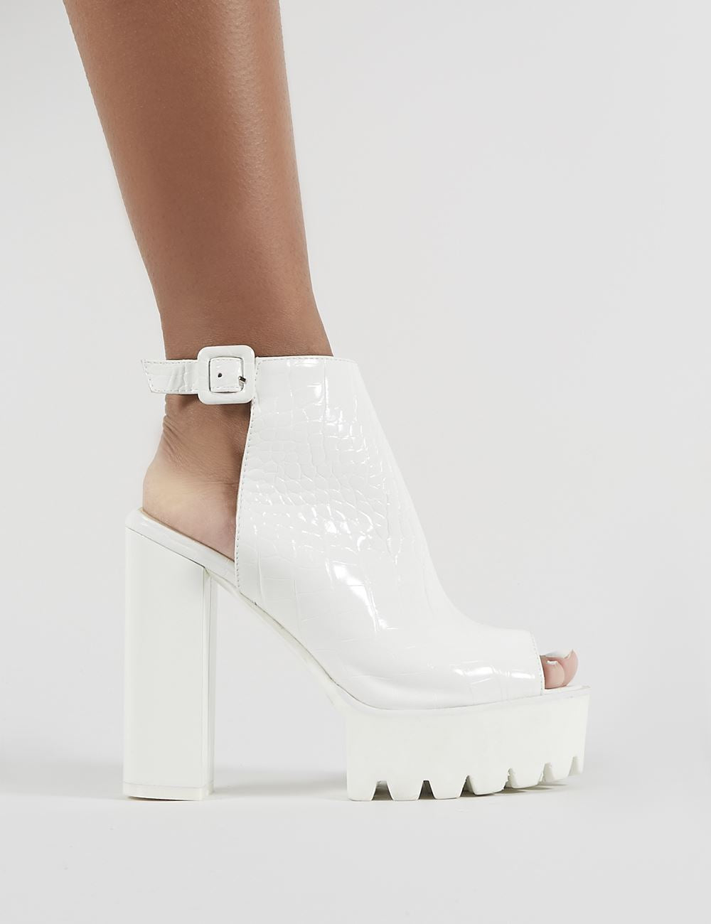 Jada Cleated Platform Block Heels in White Croc