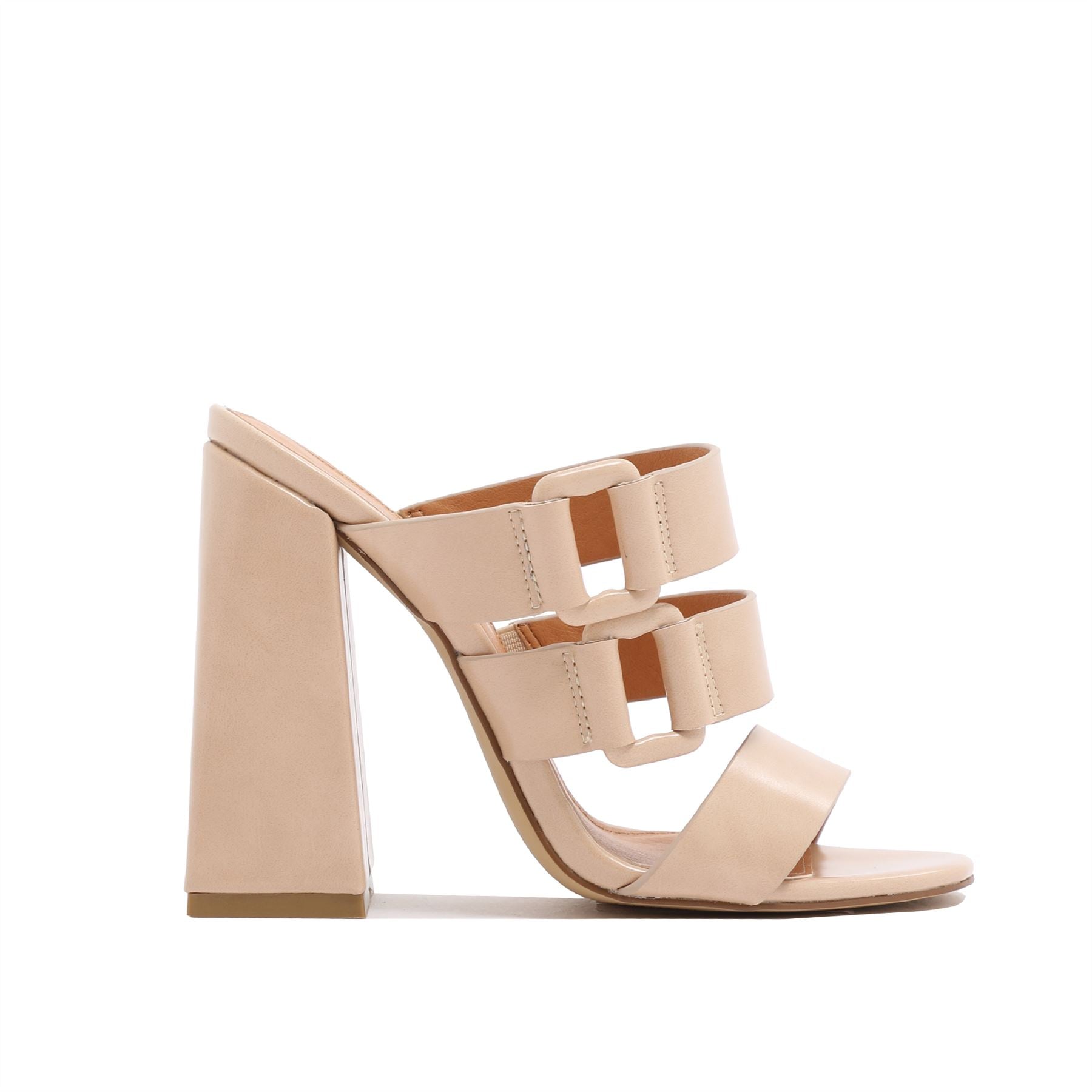 Jersey Triple Strap Flared Block Heel Mules in Nude