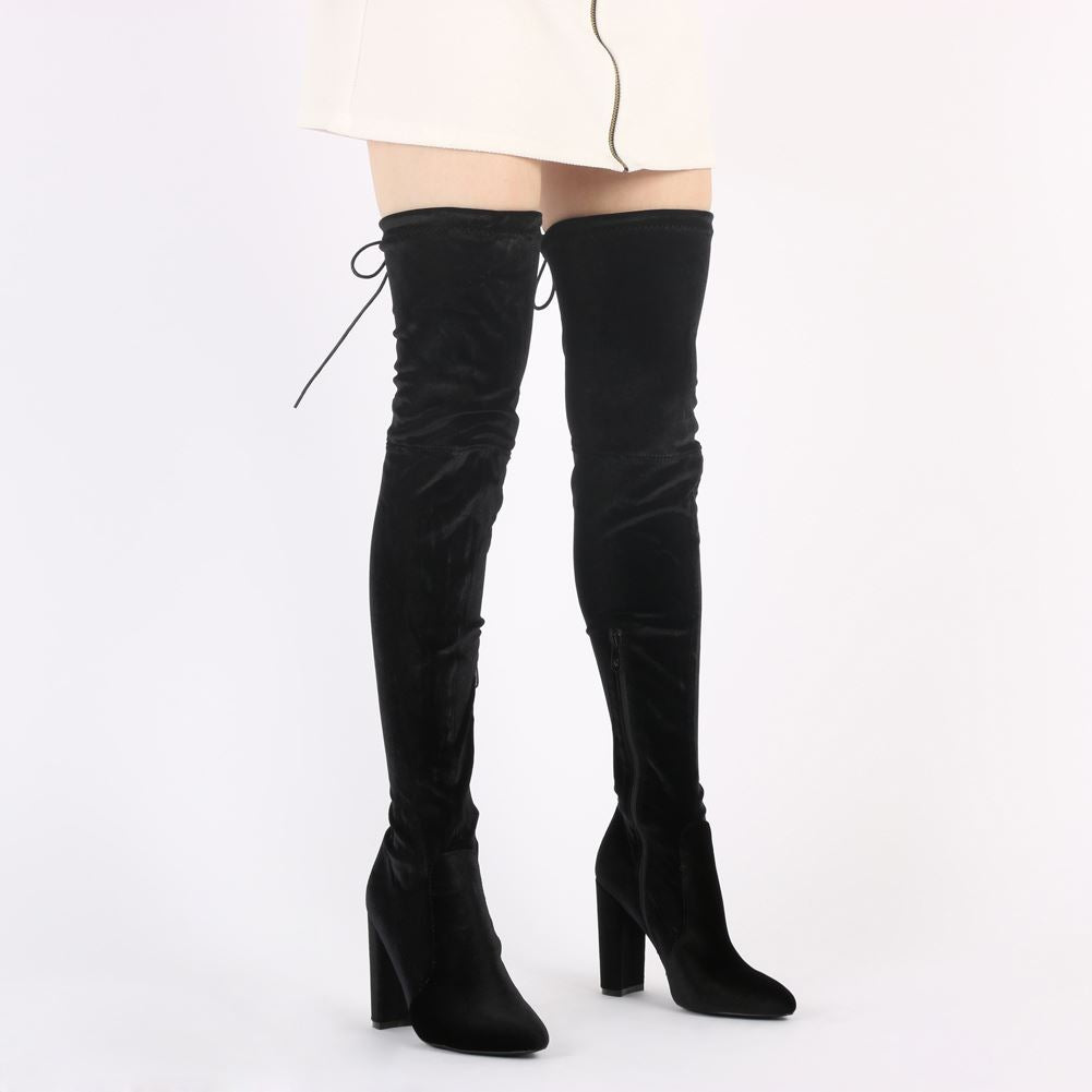 Annie Velvet Over The Knee Boots in Black