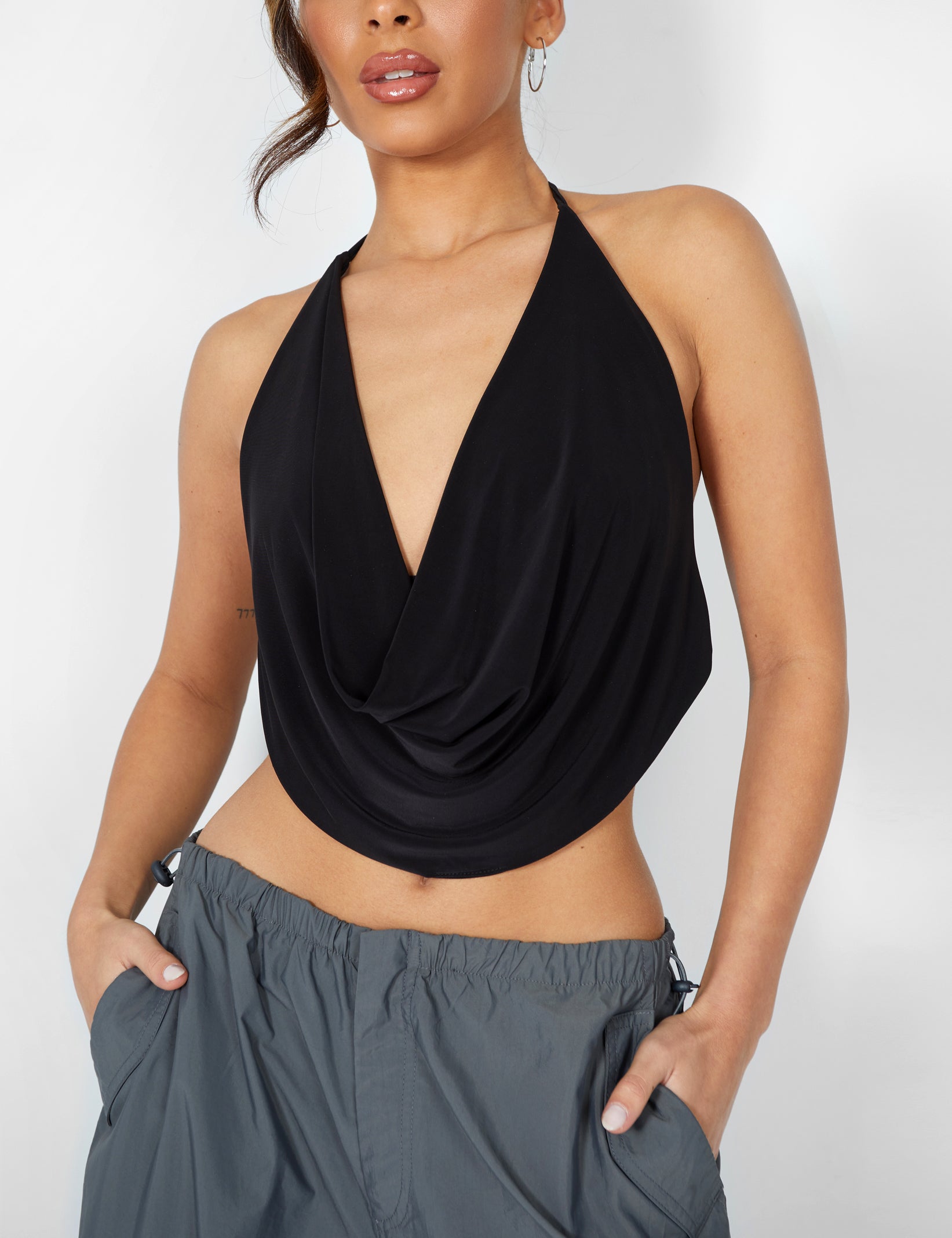 Cowl Neck Crop Top Black