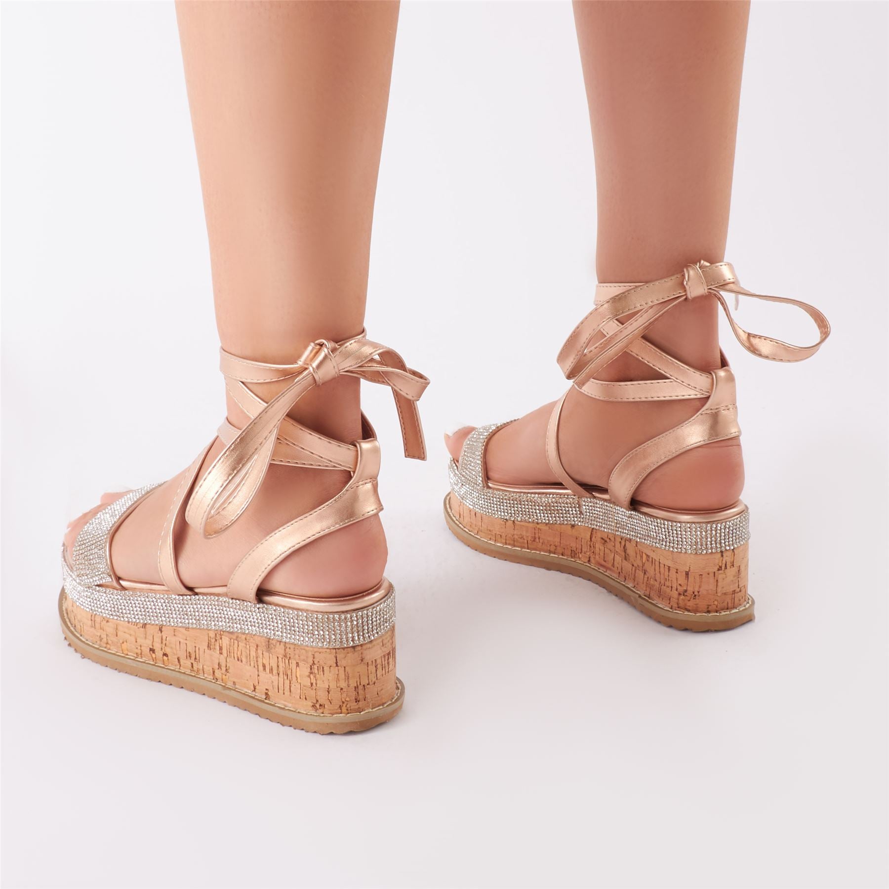 Bora Bora Diamante Lace Up Flatform Sandal in Rose Gold