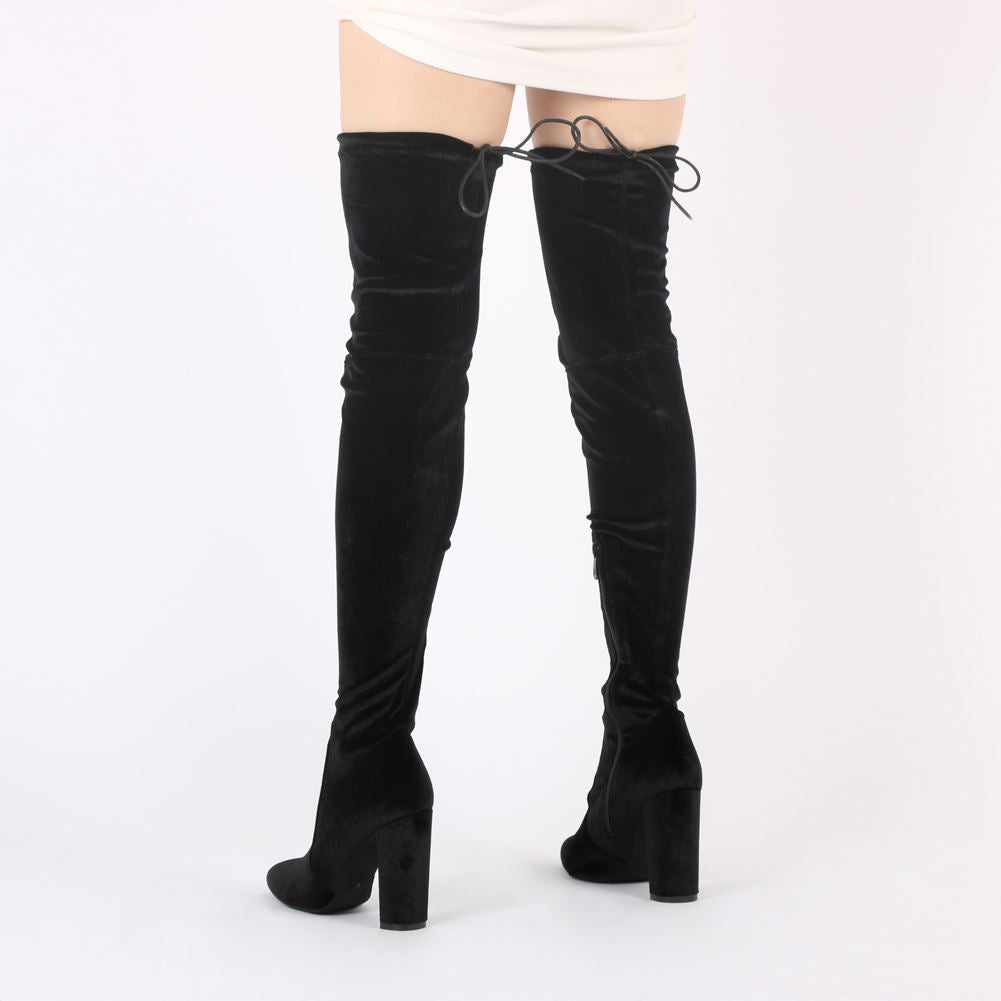 Annie Velvet Over The Knee Boots in Black