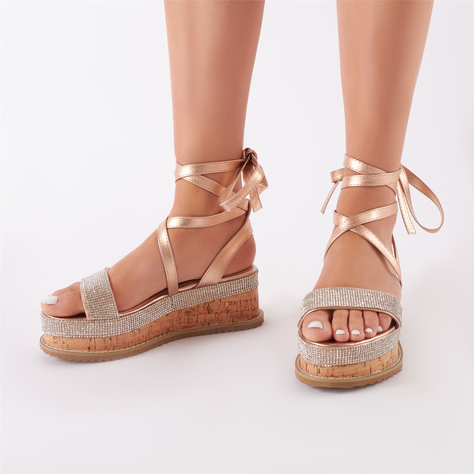 Bora Bora Diamante Lace Up Flatform Sandal in Rose Gold