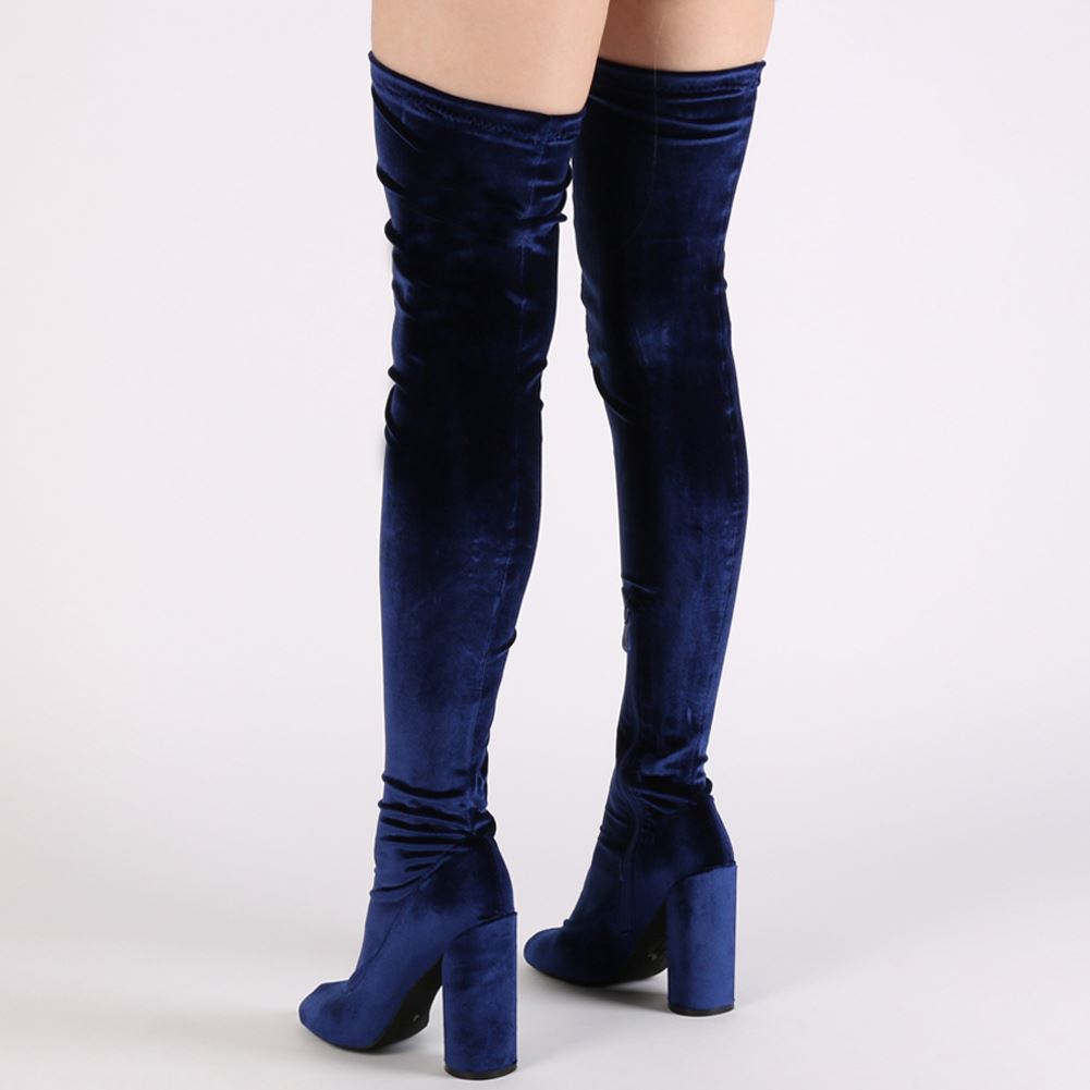 Eve Round Heel Long Boots in Navy Velvet