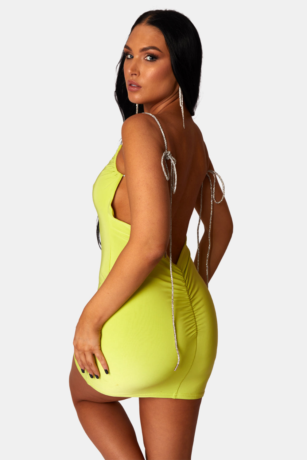 Diamante Extreme Strap Slinky Mini Dress Lime