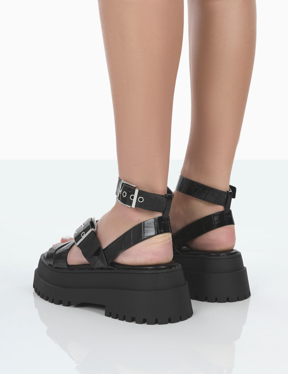 Follow Wide Fit Black PU Croc Chunky Buckle Sandals