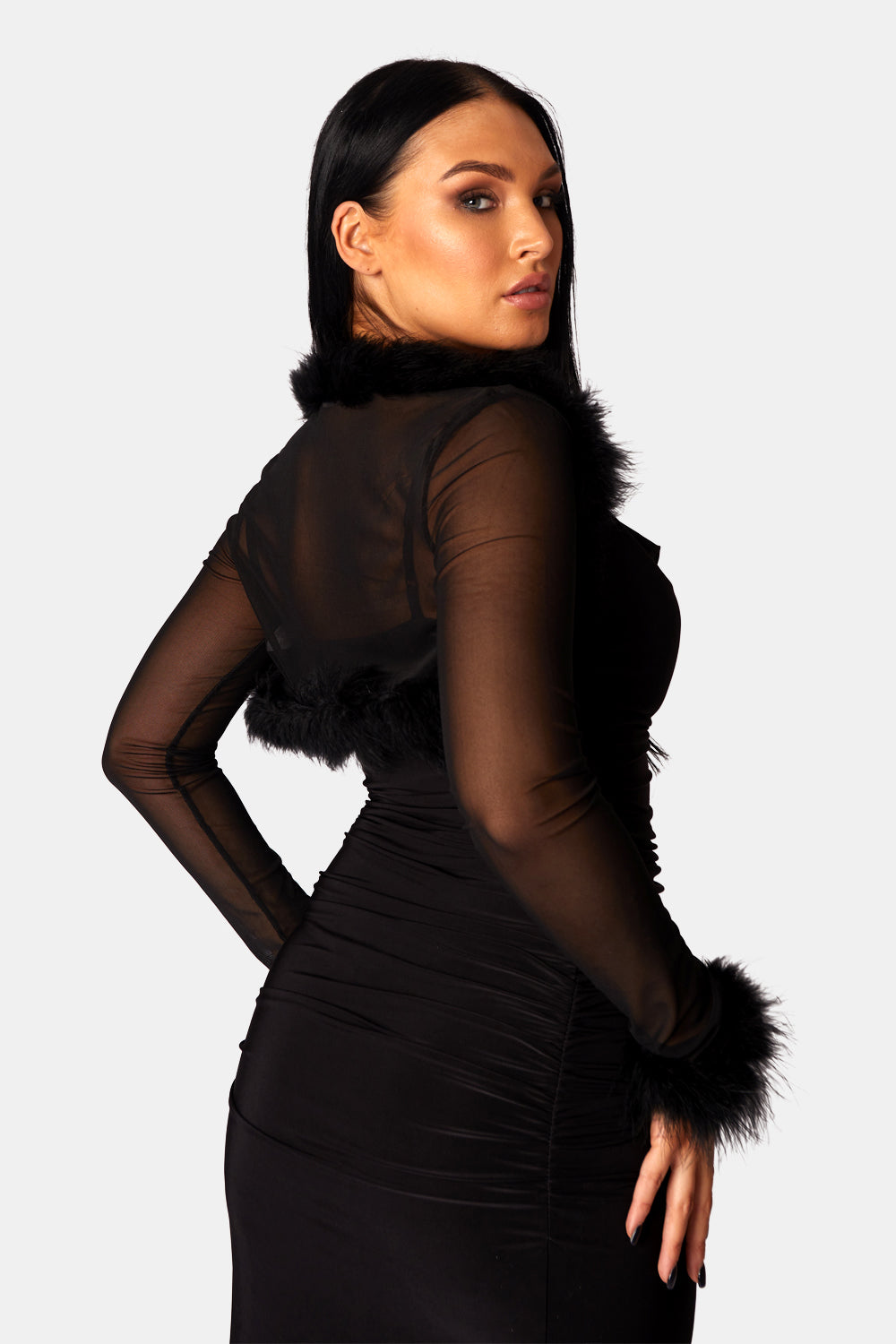 Feather Trim Mesh Shrug Black