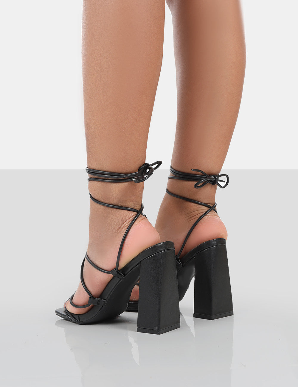 Coco Black Grain Square Toe Strappy Lace Up Block Heels