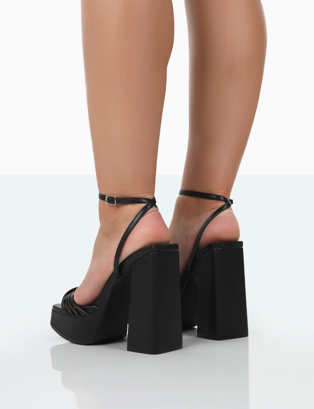 Boujee Black Pu Square Toe Strappy Block Heels