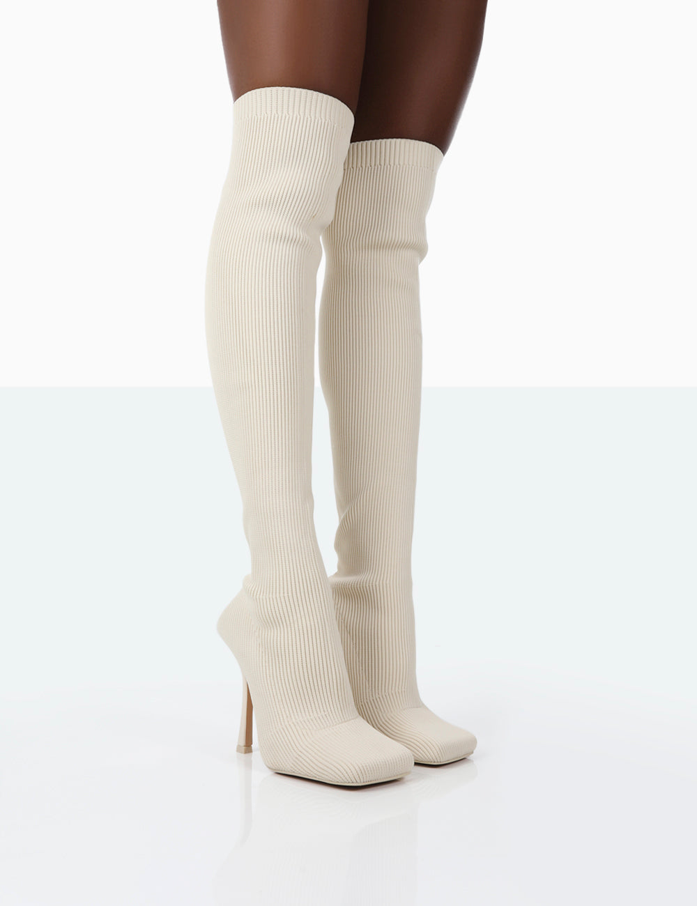 Bubbles White Knitted Wide Fit Square Toe Over The Knee Stiletto Boots