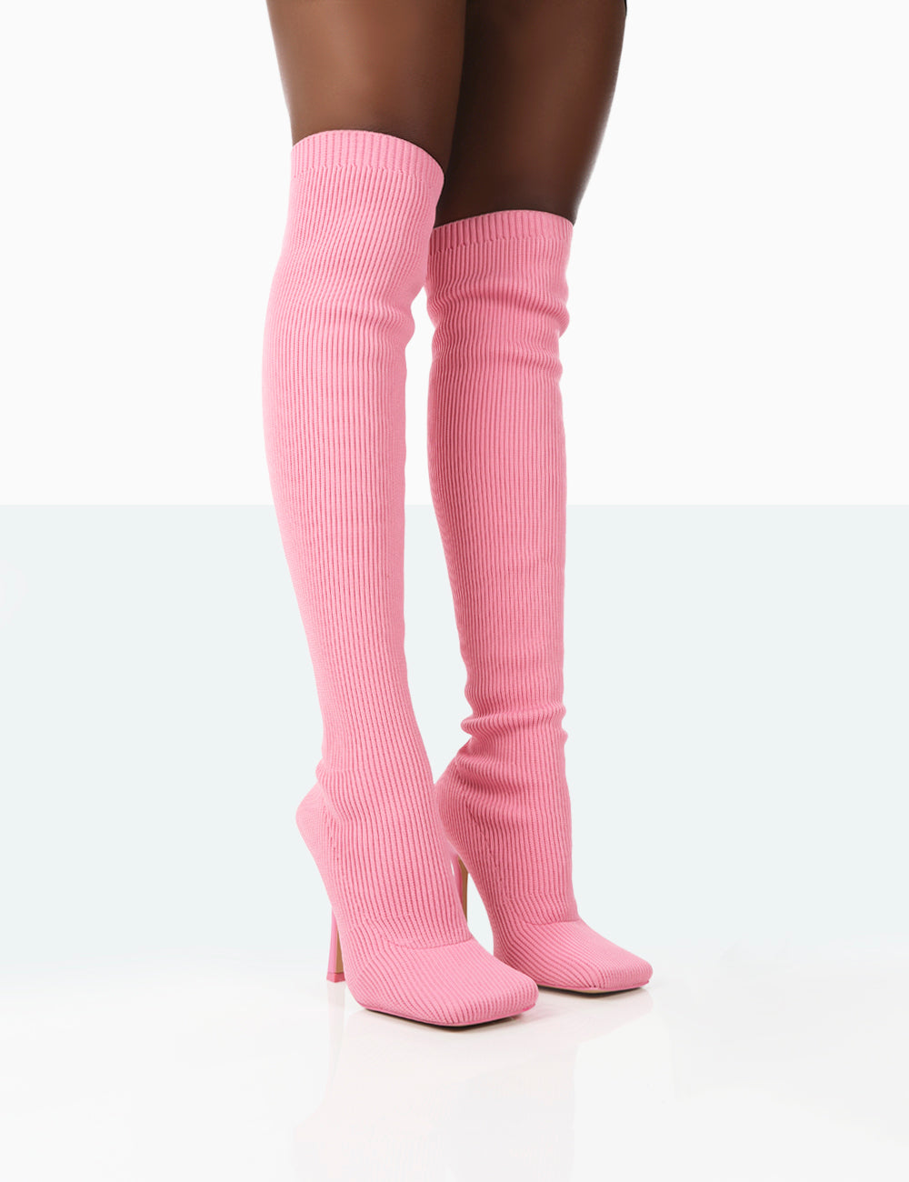 Bubbles Pink Knitted Square Toe Over The Knee Stiletto Boots