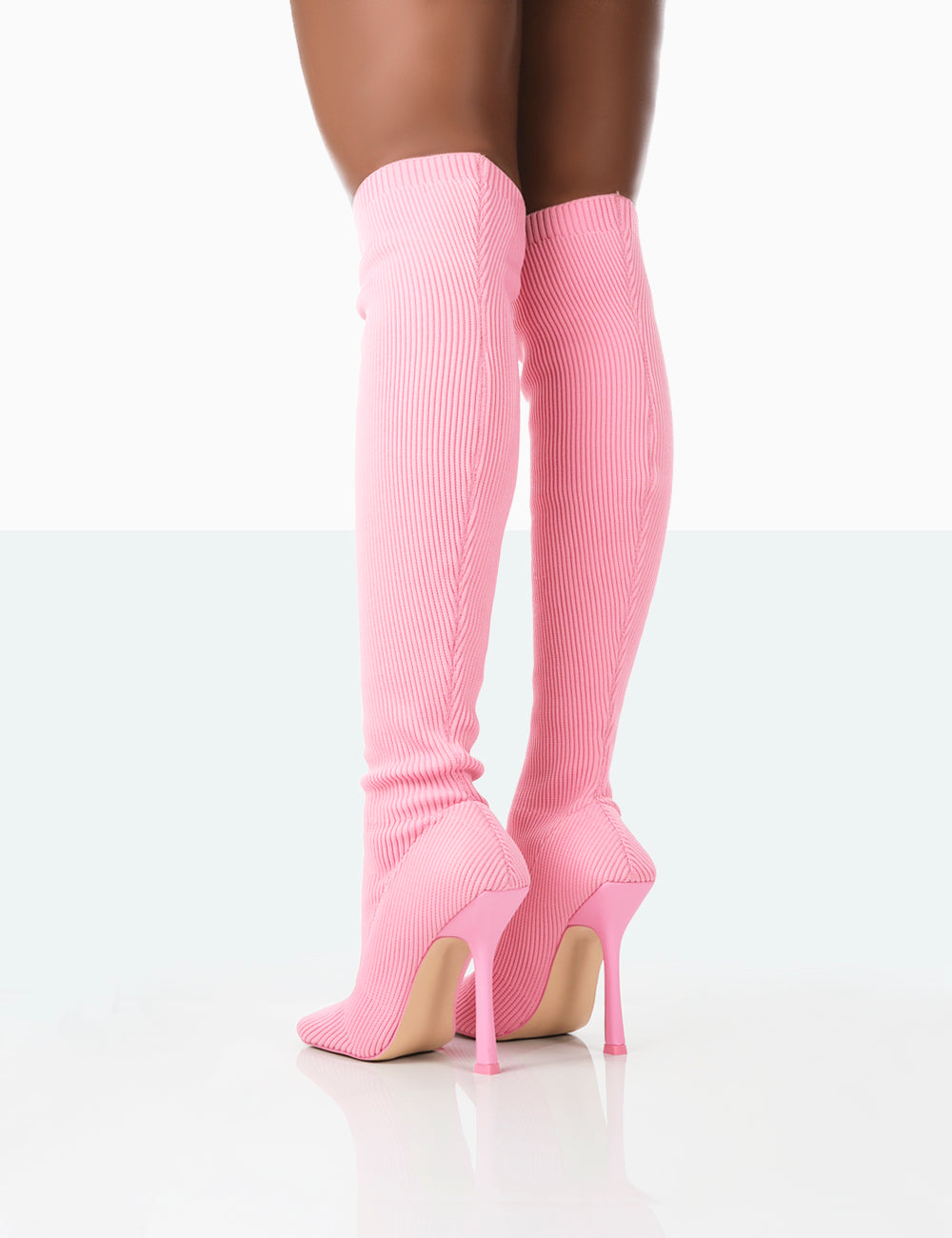 Bubbles Pink Knitted Square Toe Over The Knee Stiletto Boots