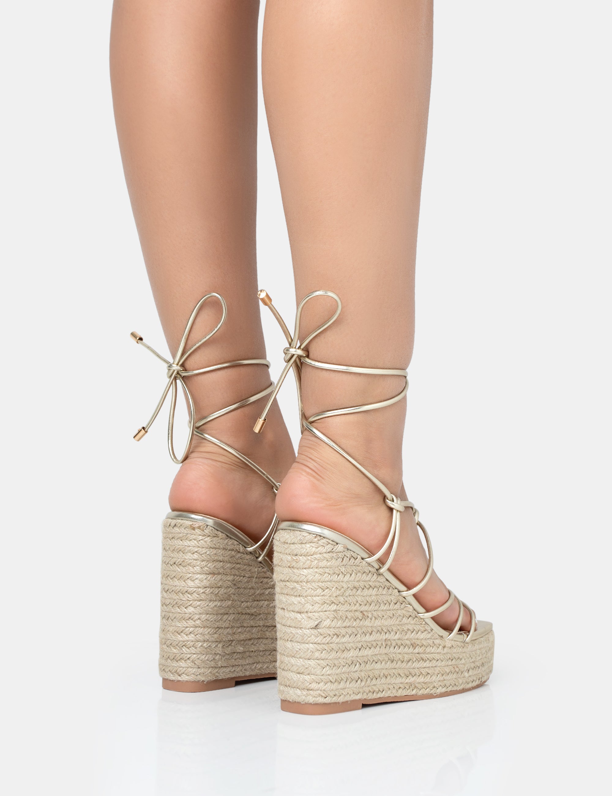 Islander Gold Lace Up Square Toe High Heeled Sandal Esparille Wedges