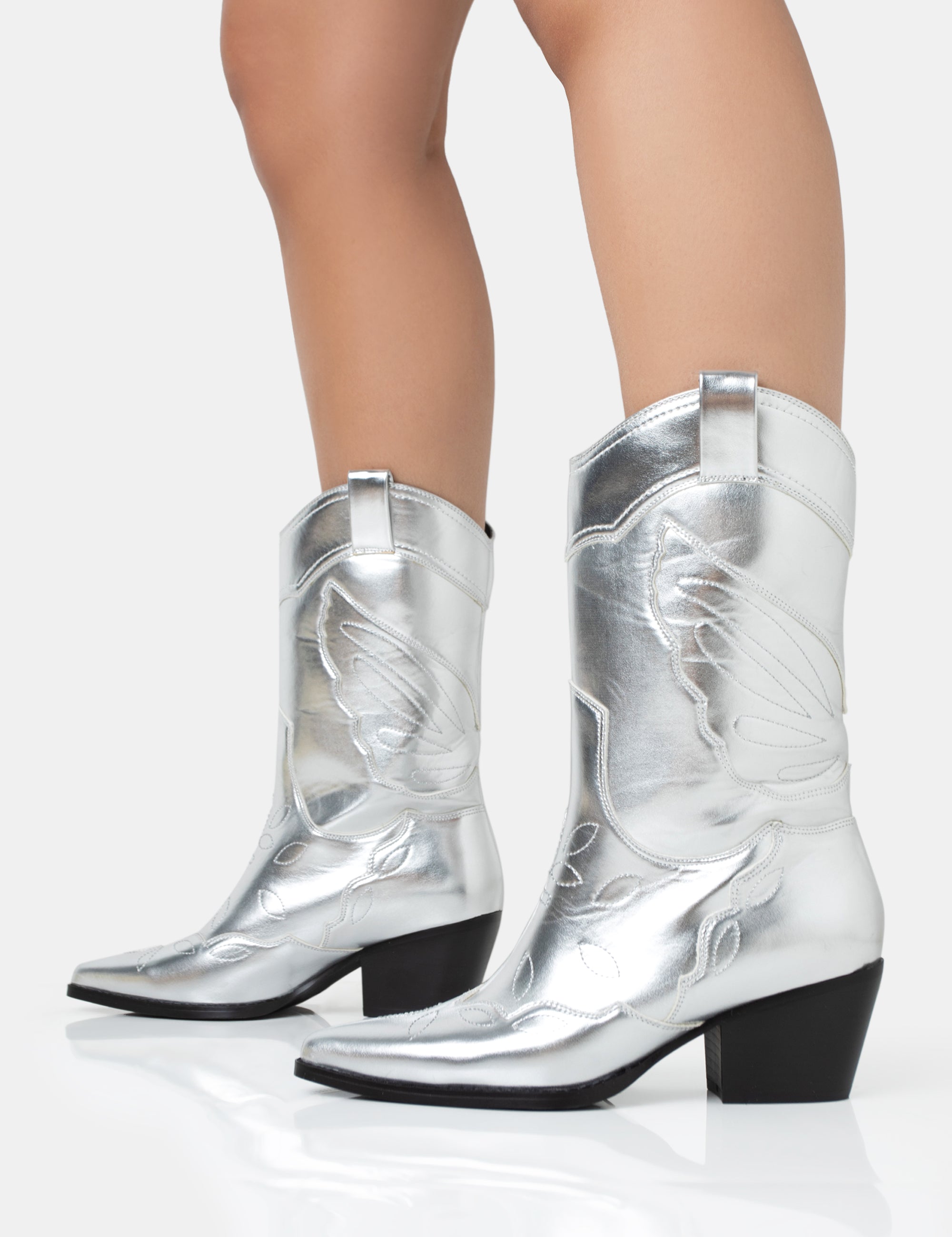 Howdy Silver Pu Pointed Toe Western Cowboy Block Ankle Boots